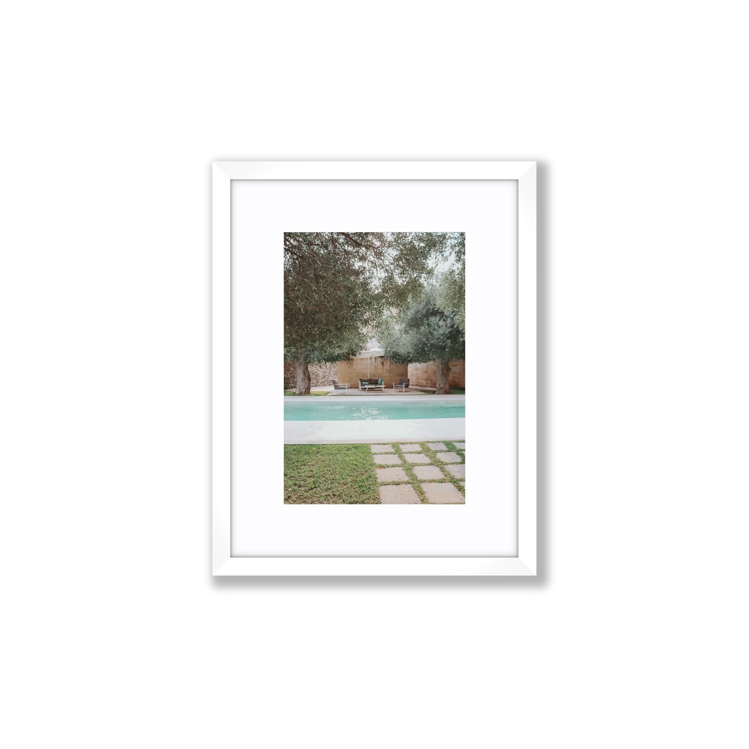 Idyllic Escape Puglia Mediterranean wall art Small fine art print in white frame with matboard