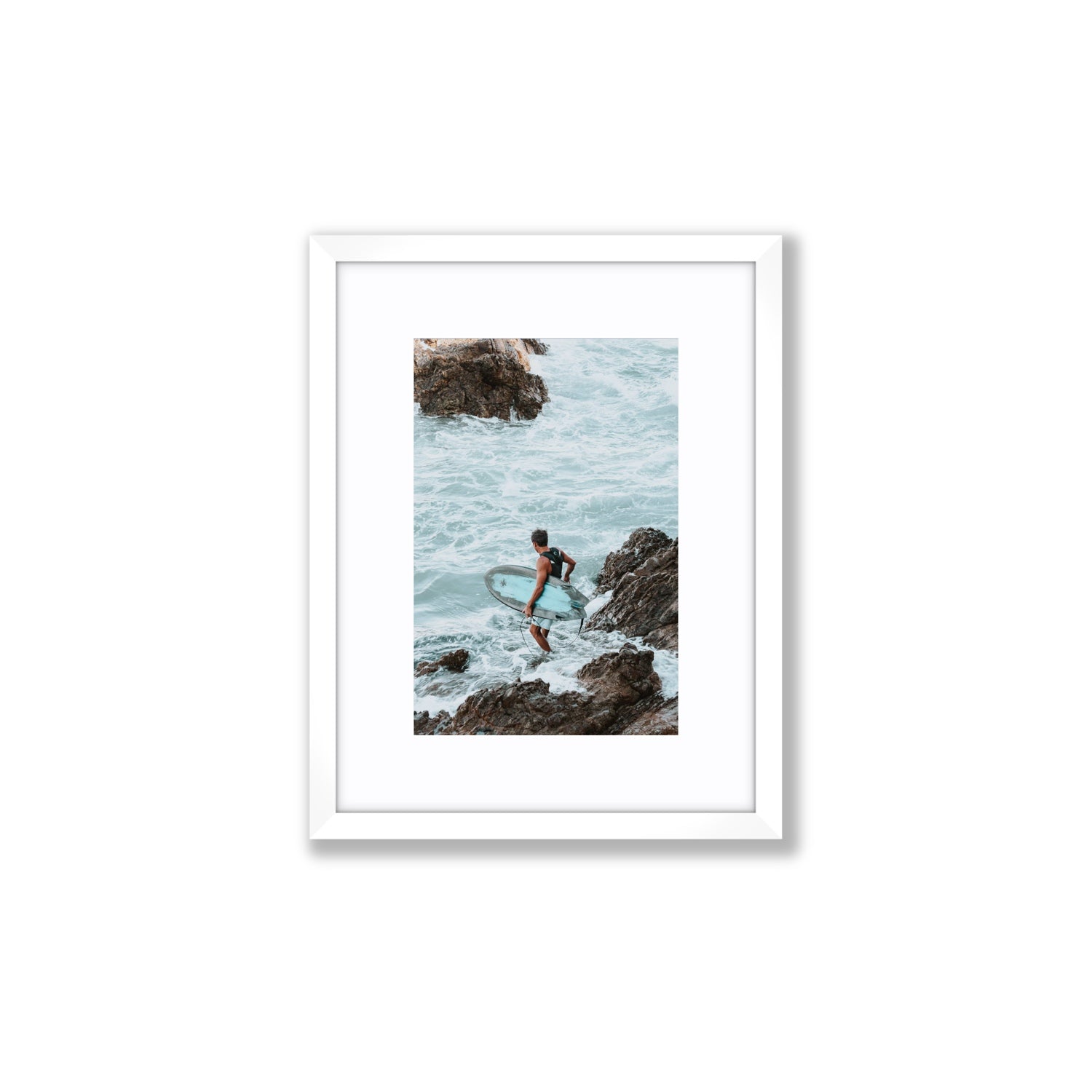 Into The Soup Byron Bay Surf coastal wall art Small fine art print in white frame with matboard