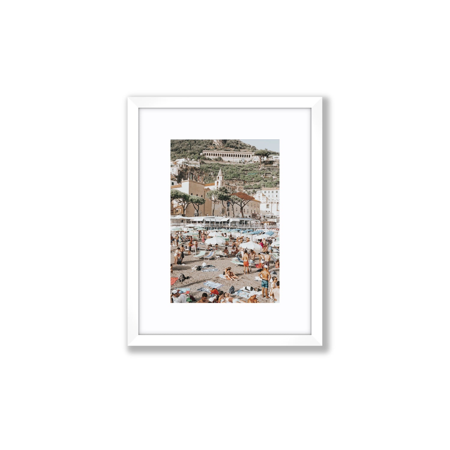 Festa In Spiaggia Amalfi coastal wall art Small fine art print in white frame with matboard