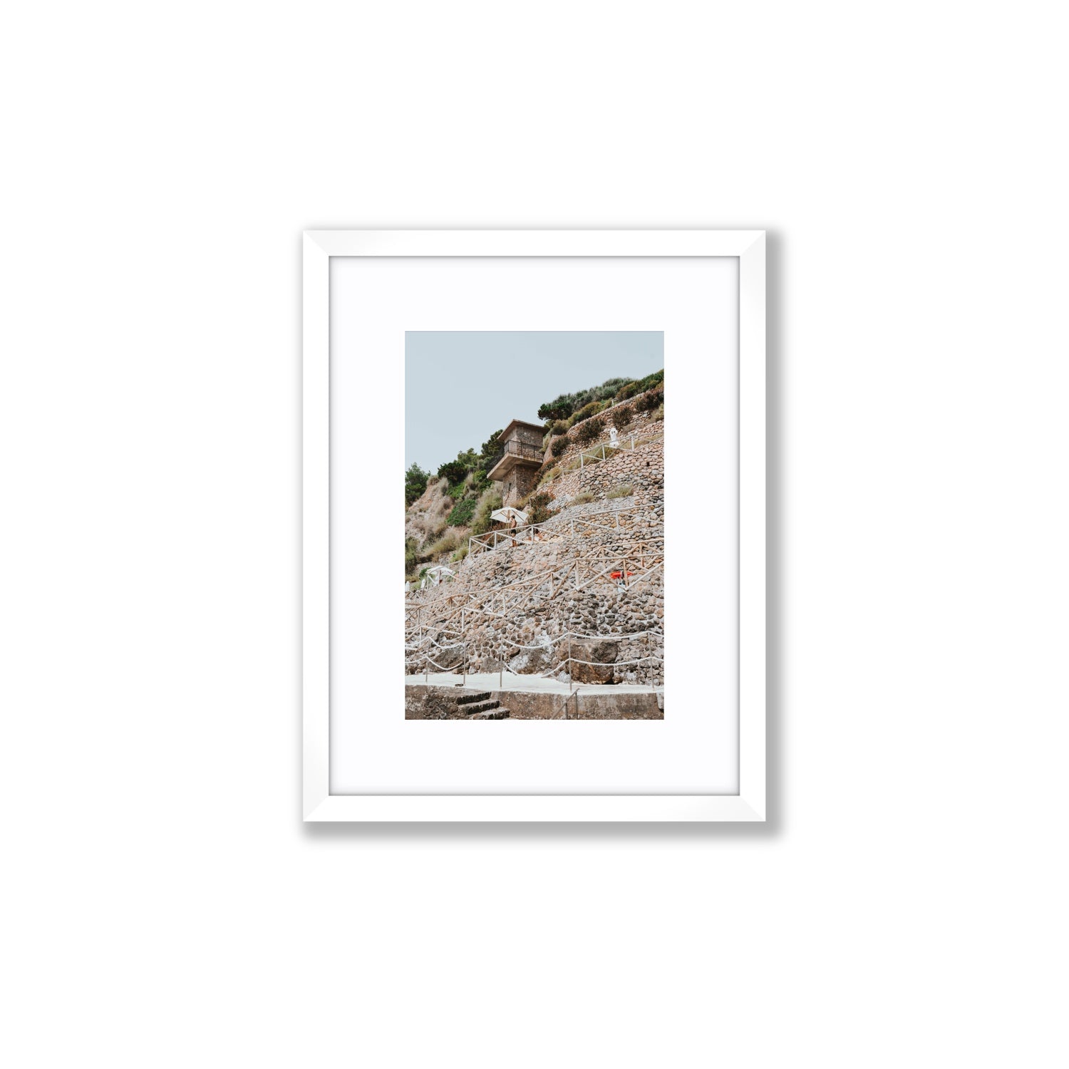 Solitude by the Sea Tuscany coastal Italian wall art Small fine art print in white frame with matboard