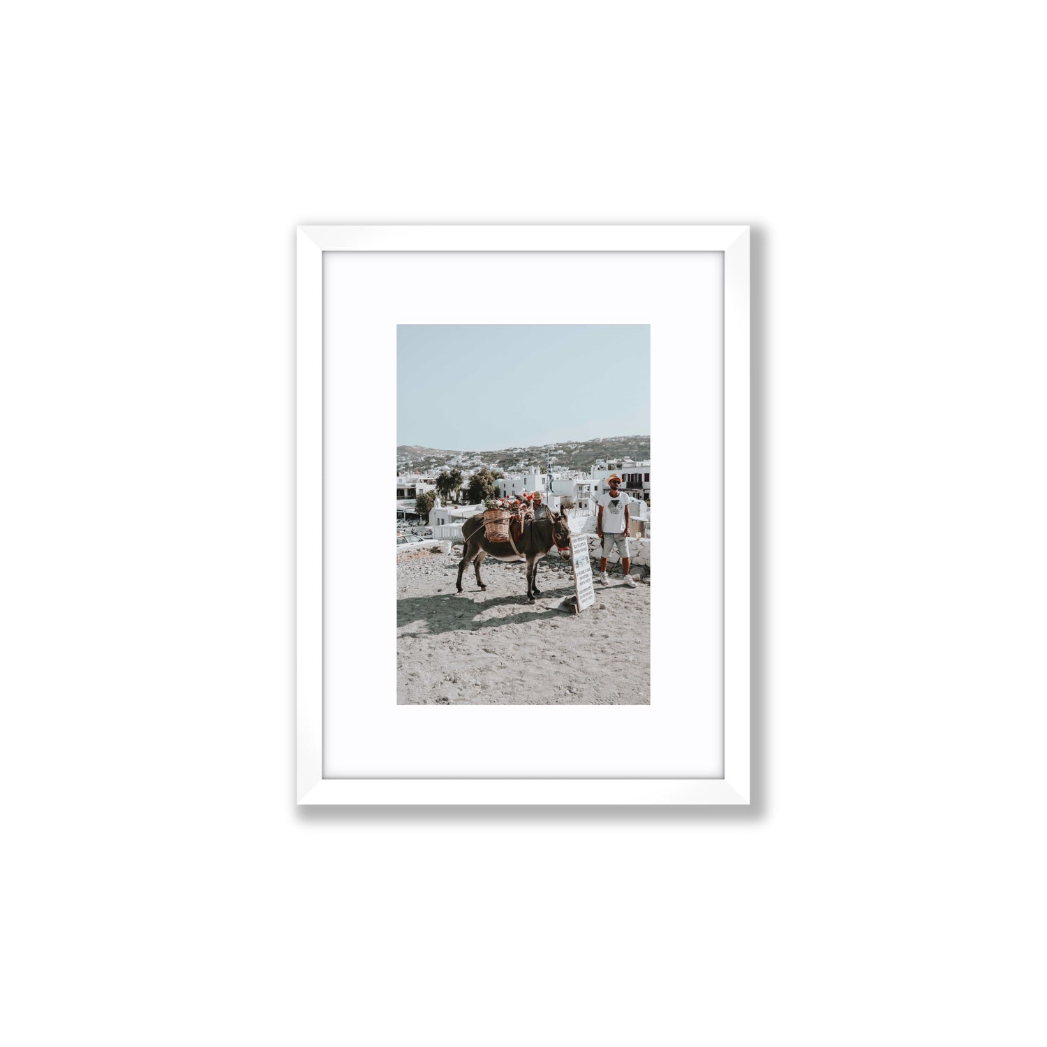 Let The Journey Begin Mykonos Greek island wall art Small fine art print in white frame with matboard