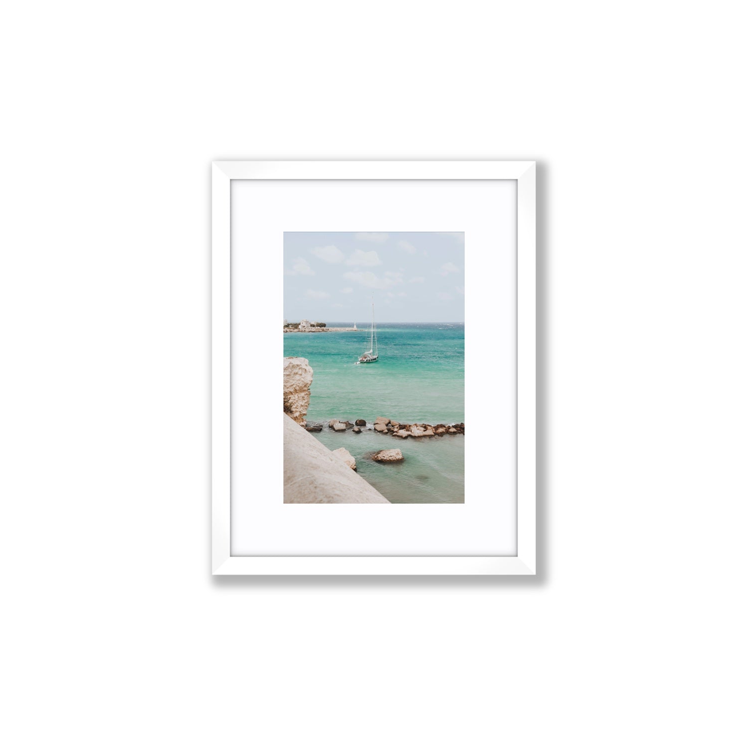 Seafarer's Dream Puglia Seafarer’s Dream coastal wall art Small fine art print in white frame with matboard