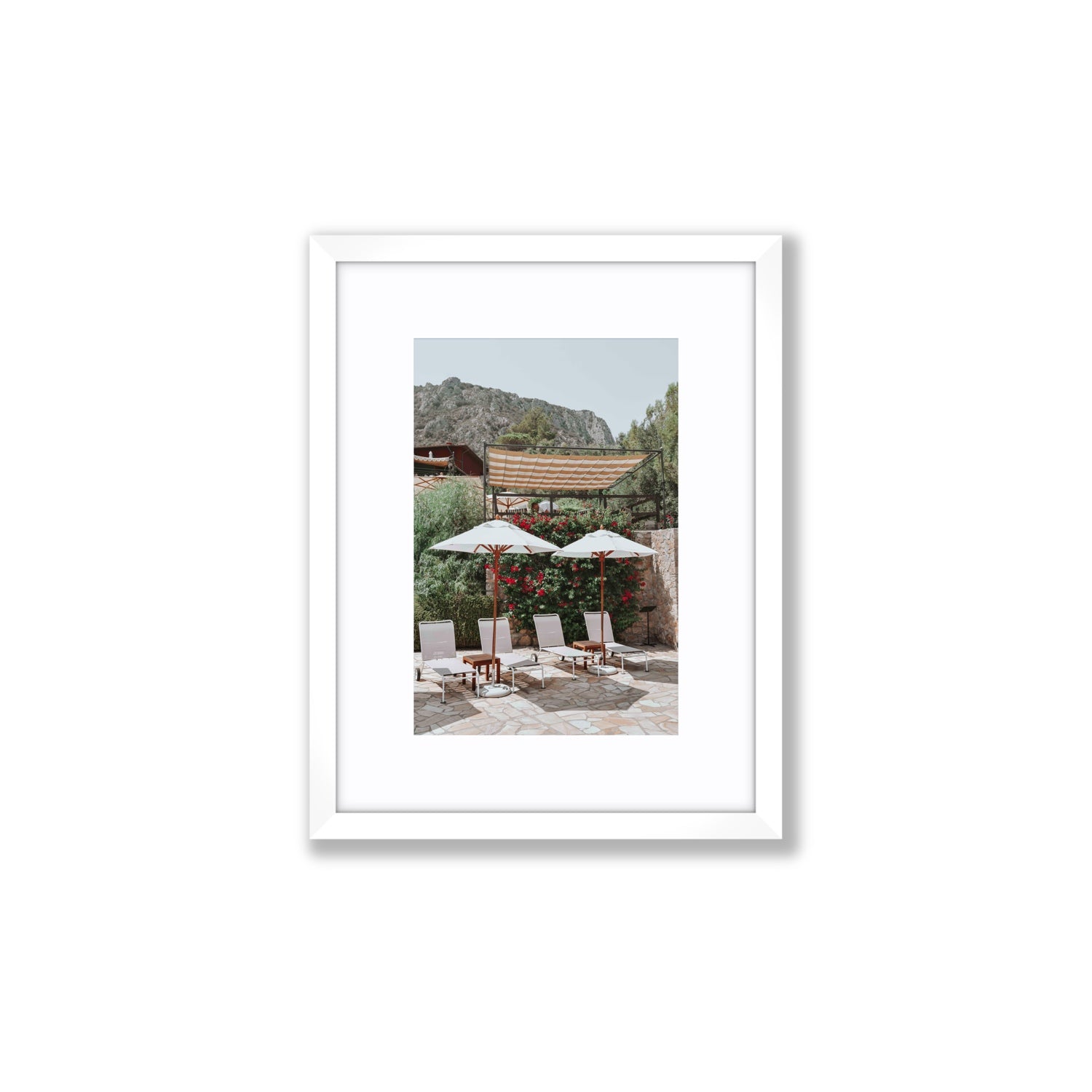 Shades of Leisure Tuscany coastal Italian wall art Small fine art print in white frame with matboard