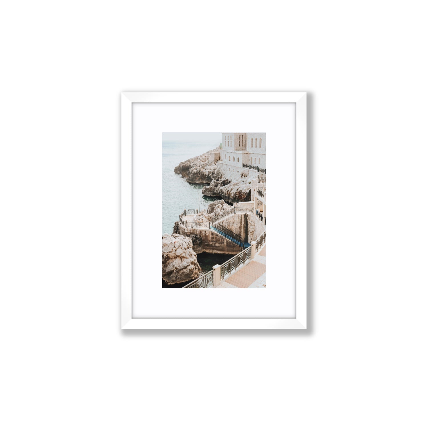 Wellness Centre Puglia coastal wall art Small fine art print in white frame with matboard