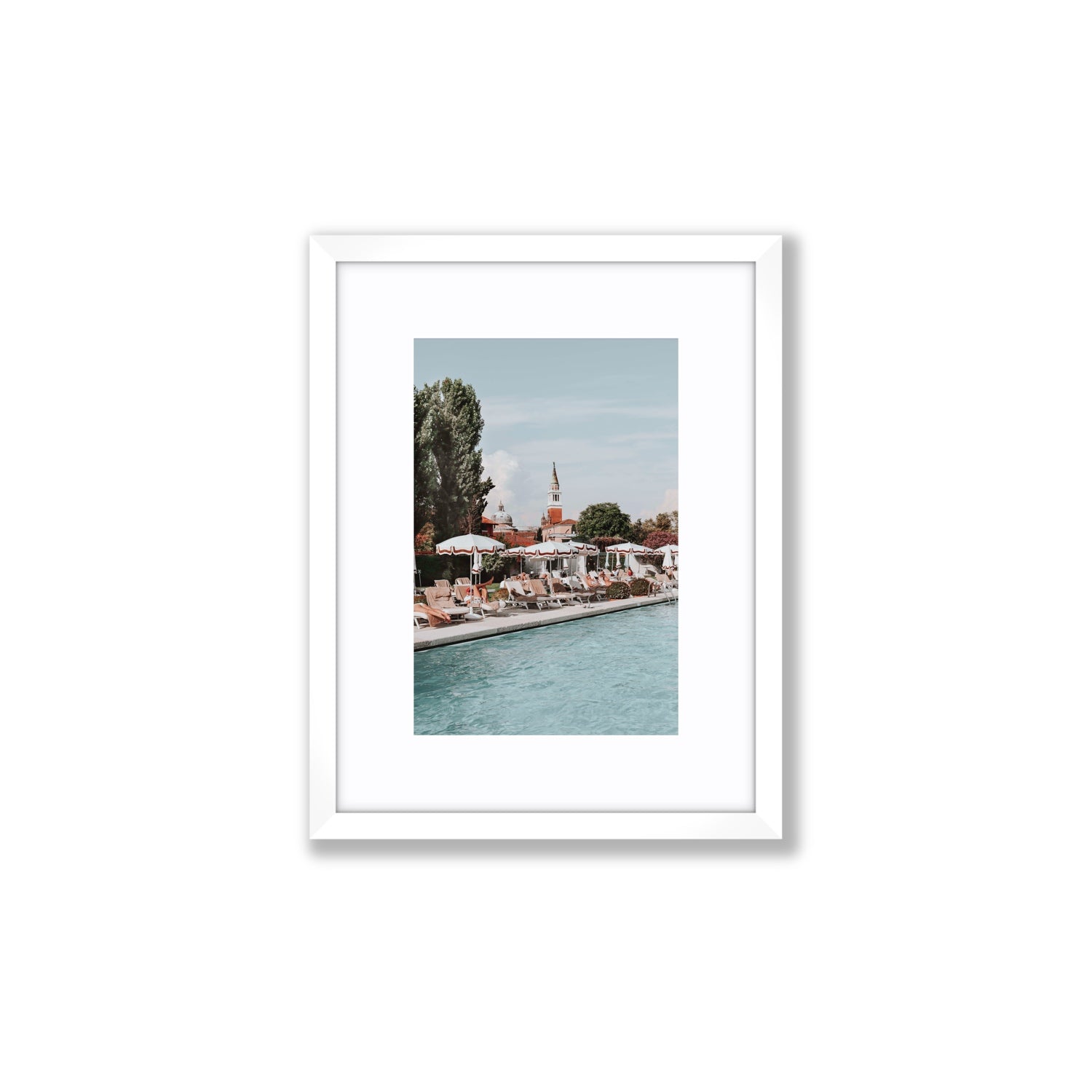 Poolside Perch Venice Italian wall art Small fine art print in white frame with matboard