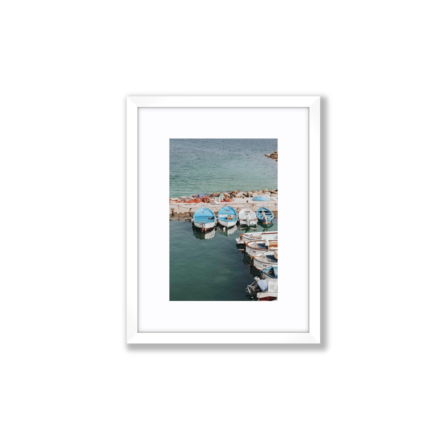 Maritime Memories Puglia Harbour Reflections coastal wall art Small fine art print in white frame with matboard