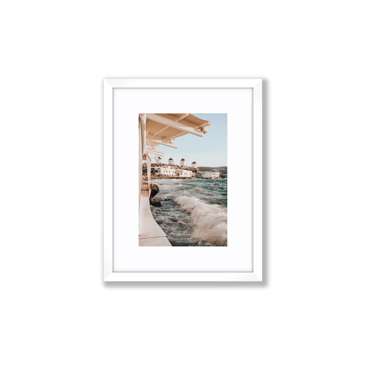 Windmills Mykonos Greek island wall art Small fine art print in white frame with matboard