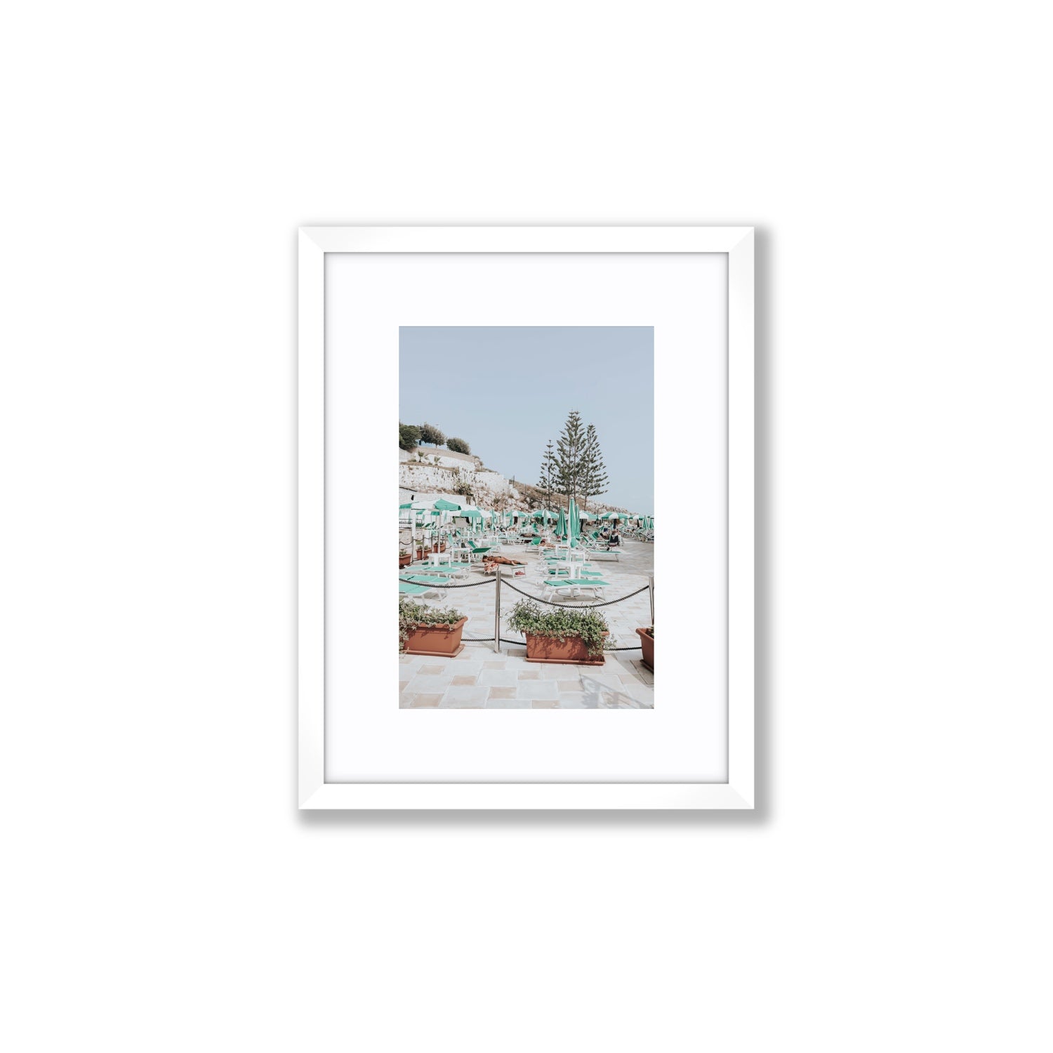 Siesta on The Terrace Puglia coastal wall art Small fine art print in white frame with matboard