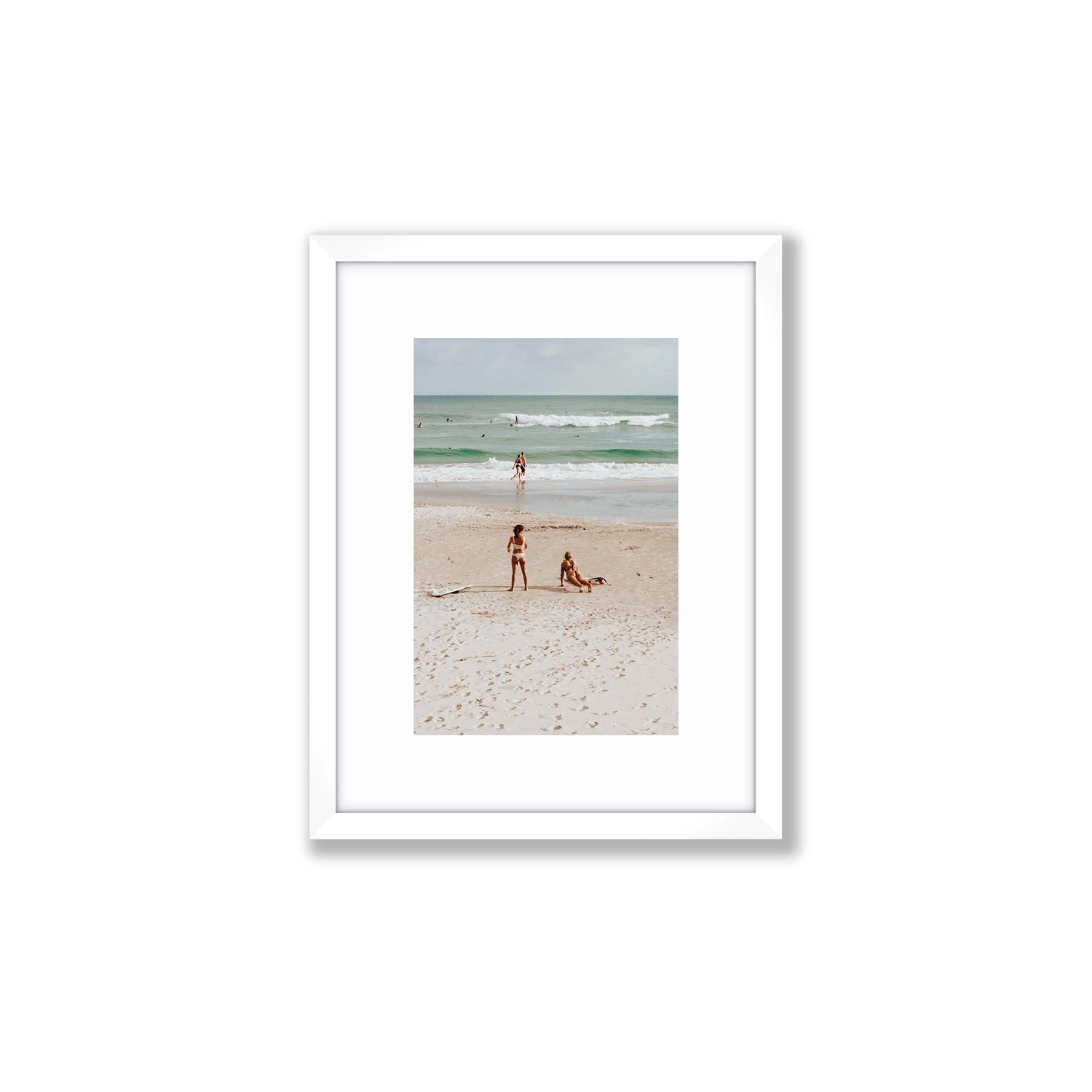 Gidget & Betty Byron Bay beach coastal wall art Small fine art print in white frame with matboard
