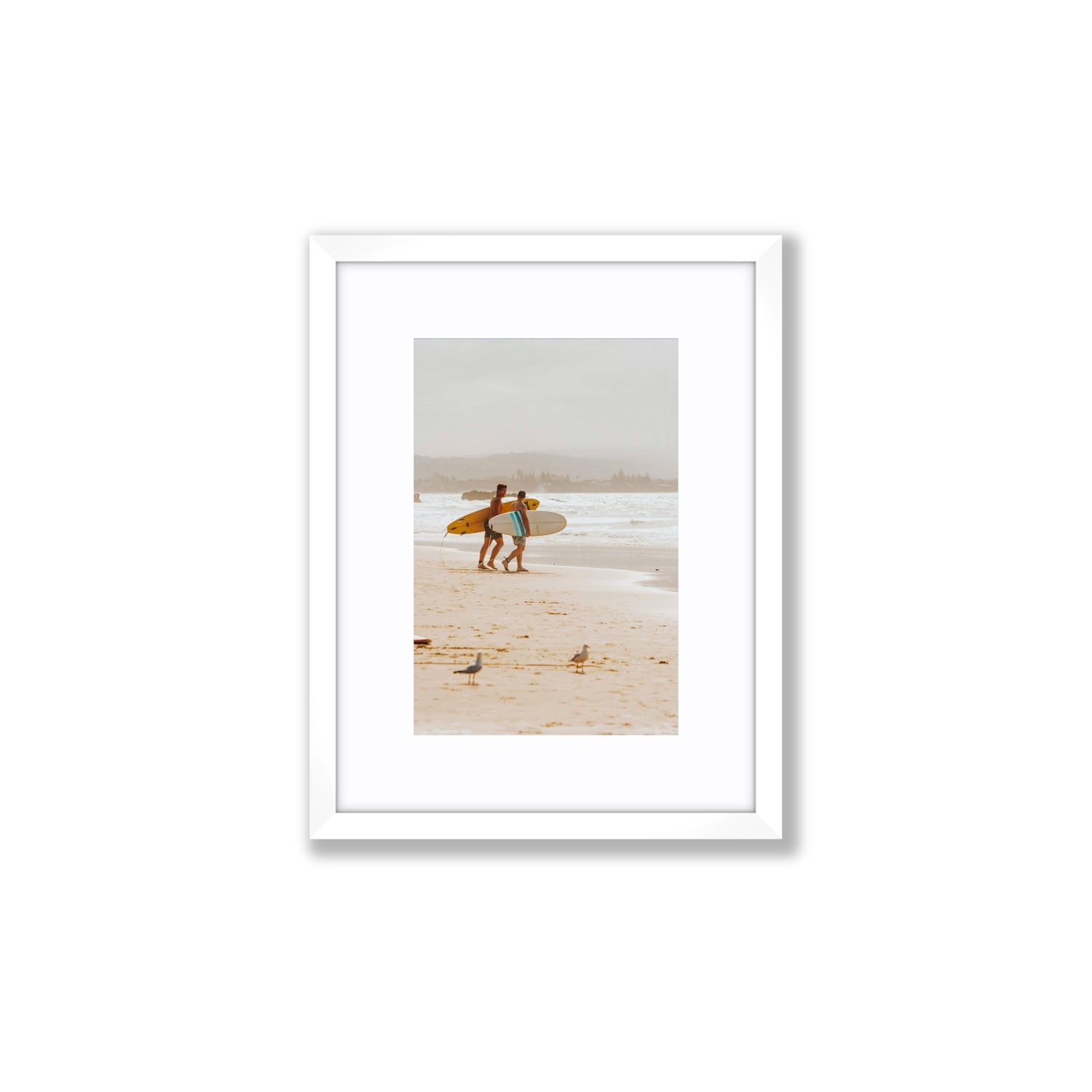 Shane & Benji Byron Bay Surf coastal wall art Small fine art print in white frame with matboard