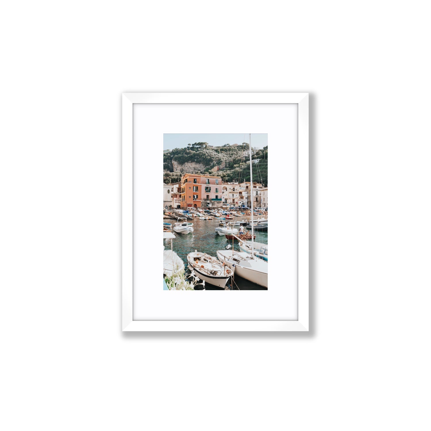 Marina Grande Sorrento coastal Italian wall art Small fine art print in white frame with matboard
