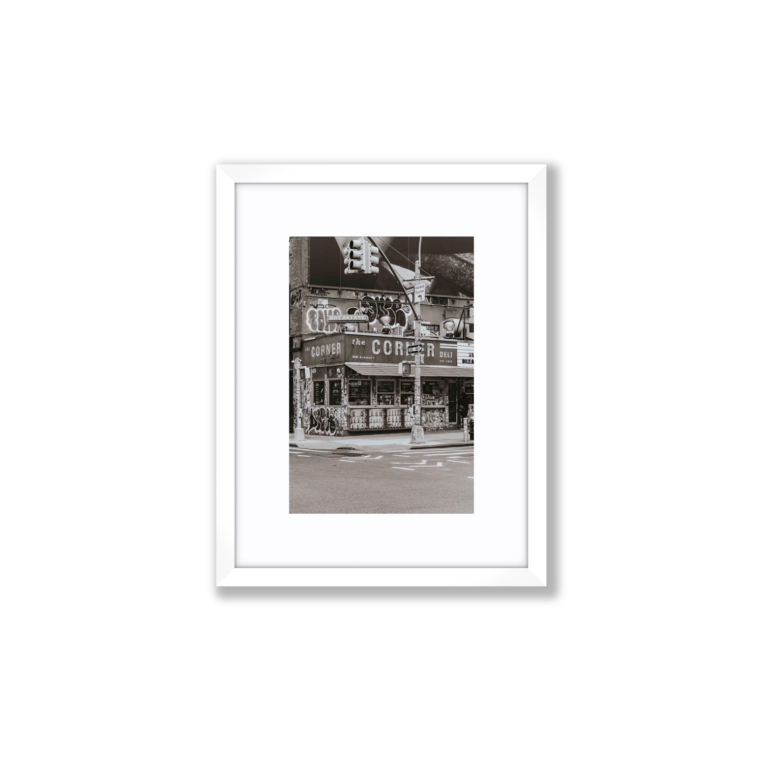 Soho Deli New York NYC Black & White wall art Small fine art print in white frame with matboard