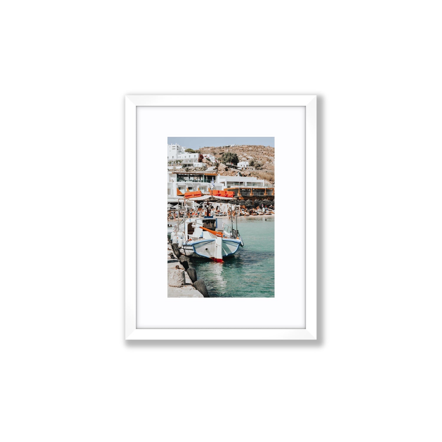Travel In Style Mykonos Greek island wall art Small fine art print in white frame with matboard