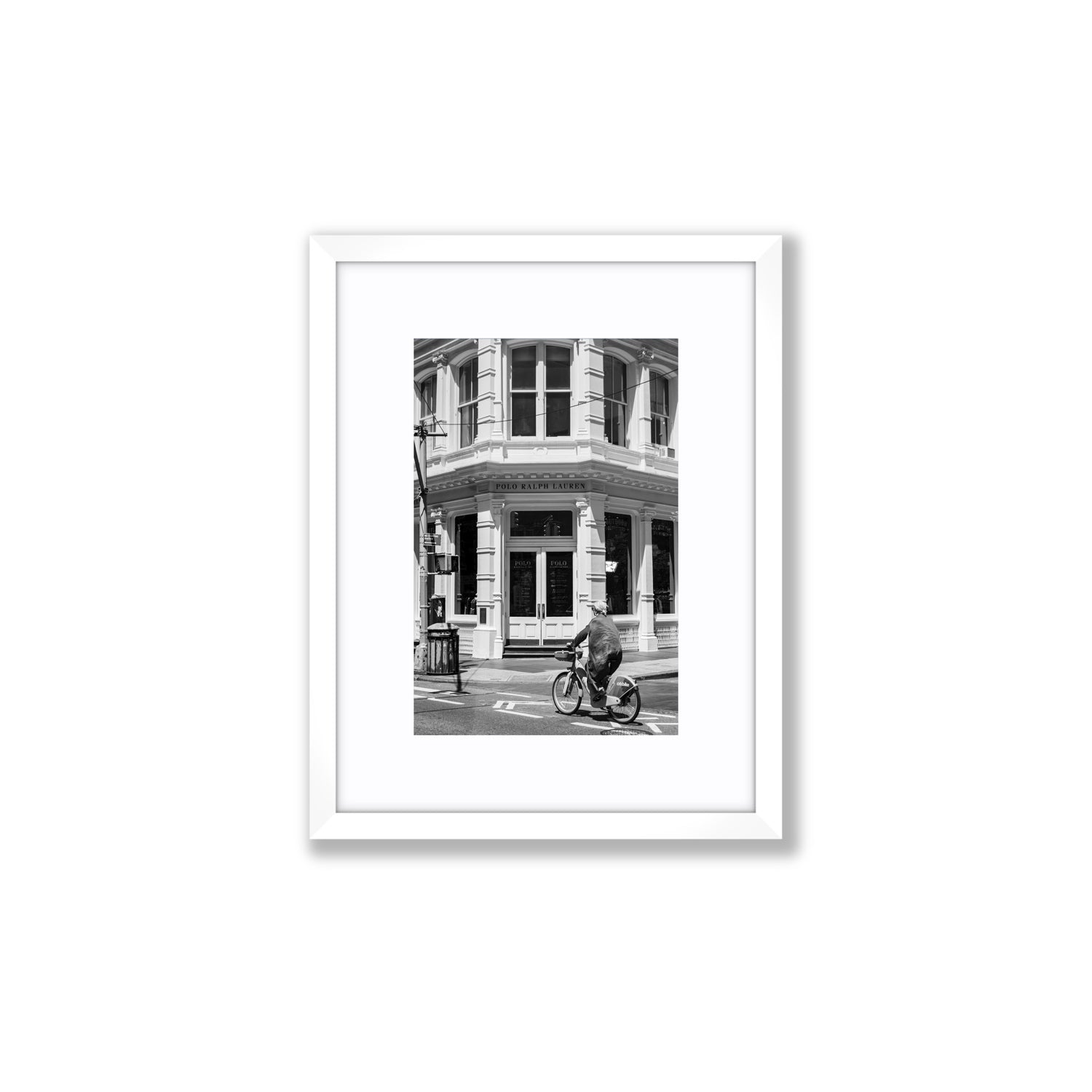 Downtown Rider New York NYC Black & White wall art Small fine art print in white frame with matboard