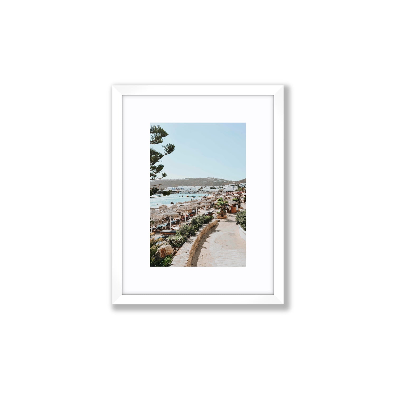 All Roads Lead To The Beach Mykonos Greek island wall art Small fine art print in white frame with matboard