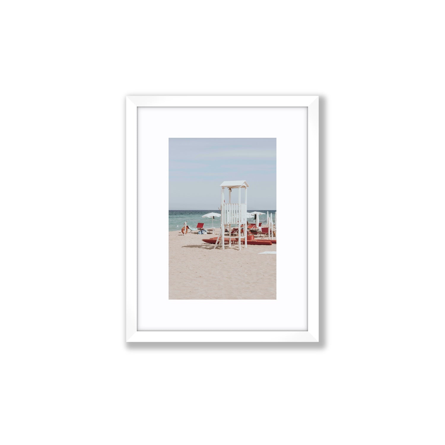 Barefoot Bliss Puglia beach Italian coastal decor wall art Small fine art print in white frame with matboard