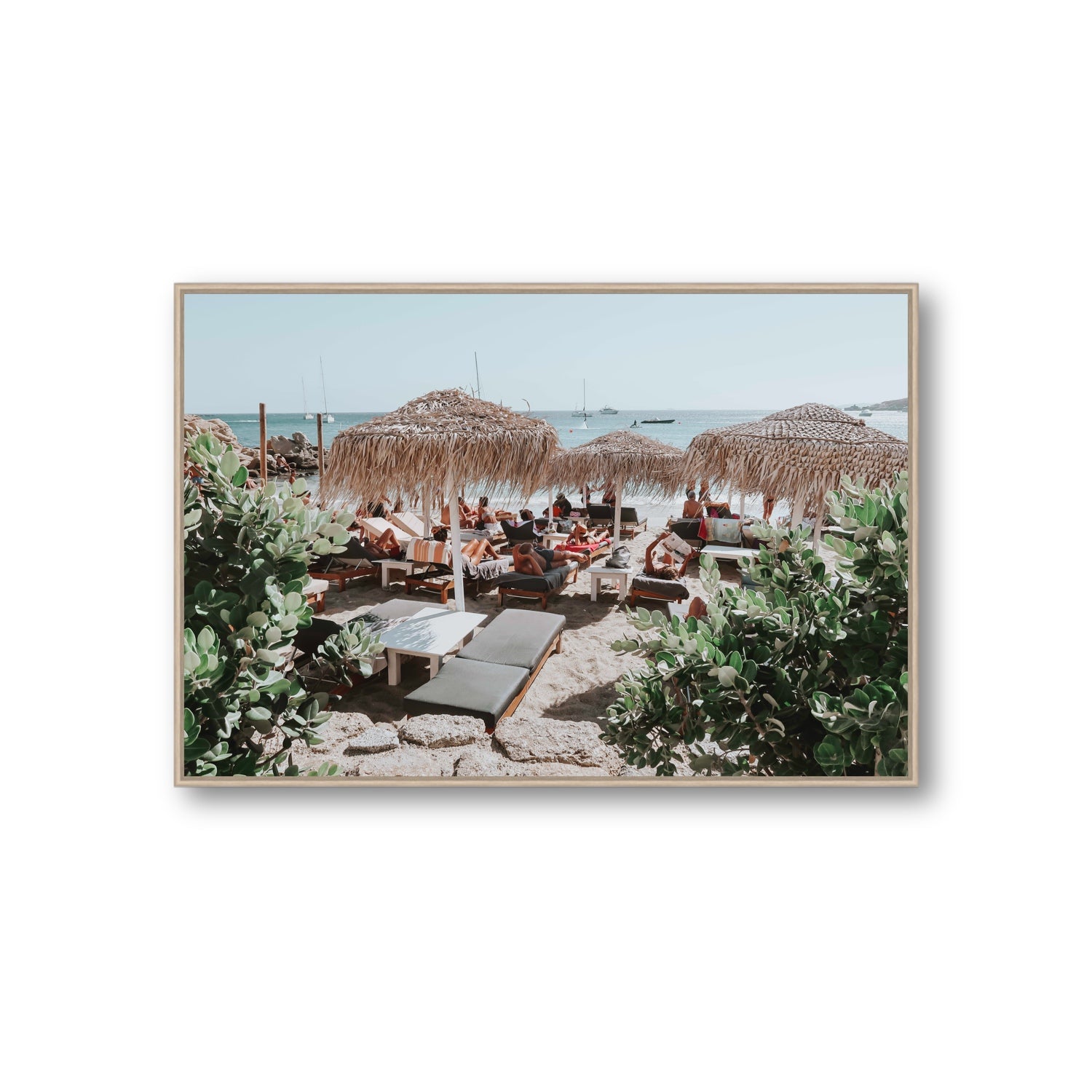 Greek Haven Mykonos Greek island coastal wall art Giant fine art canvas in natural oak float frame
