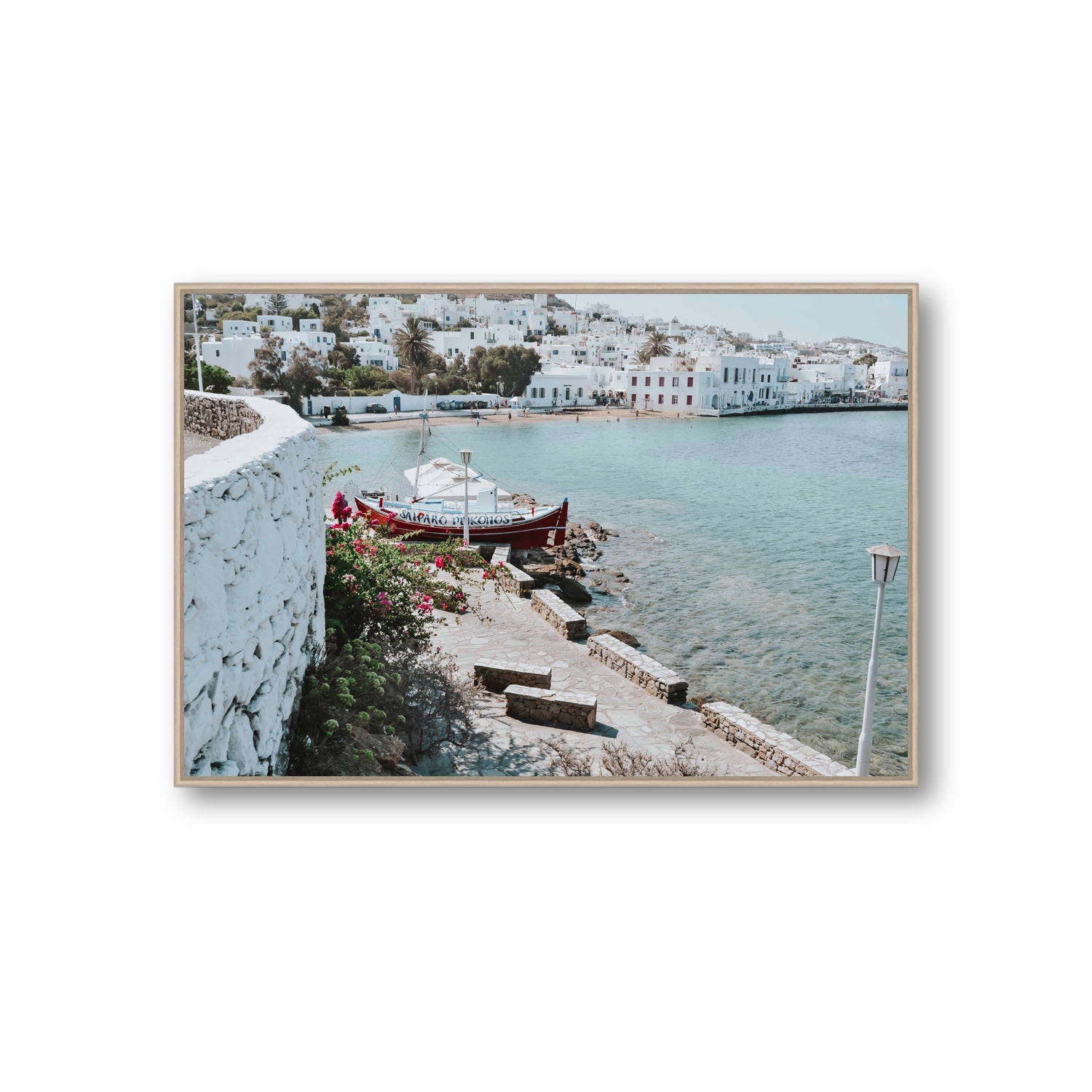 Harika Mykonos Greek island wall art Giant fine art canvas in natural oak float frame