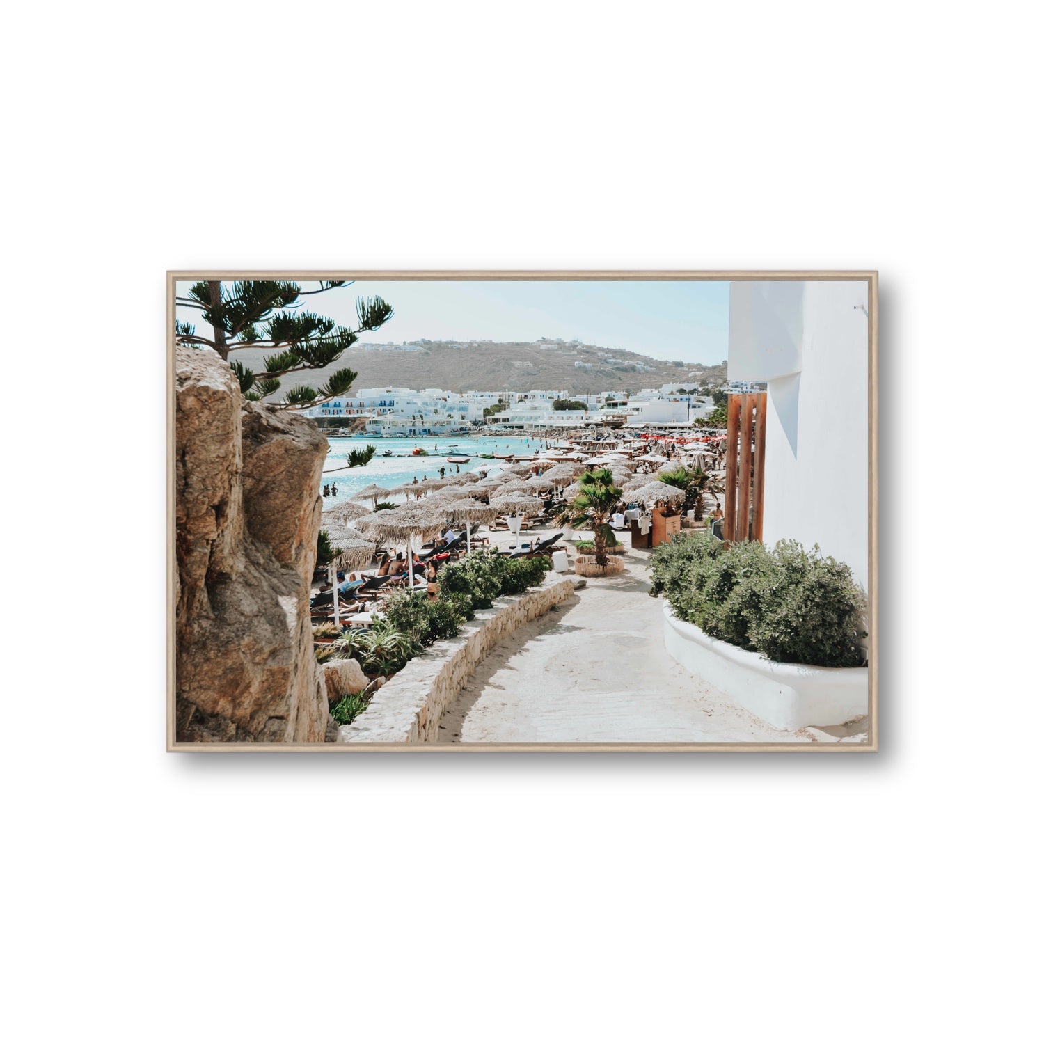 Kalimera Mykonos Greek island wall art Giant fine art canvas in natural oak float frame