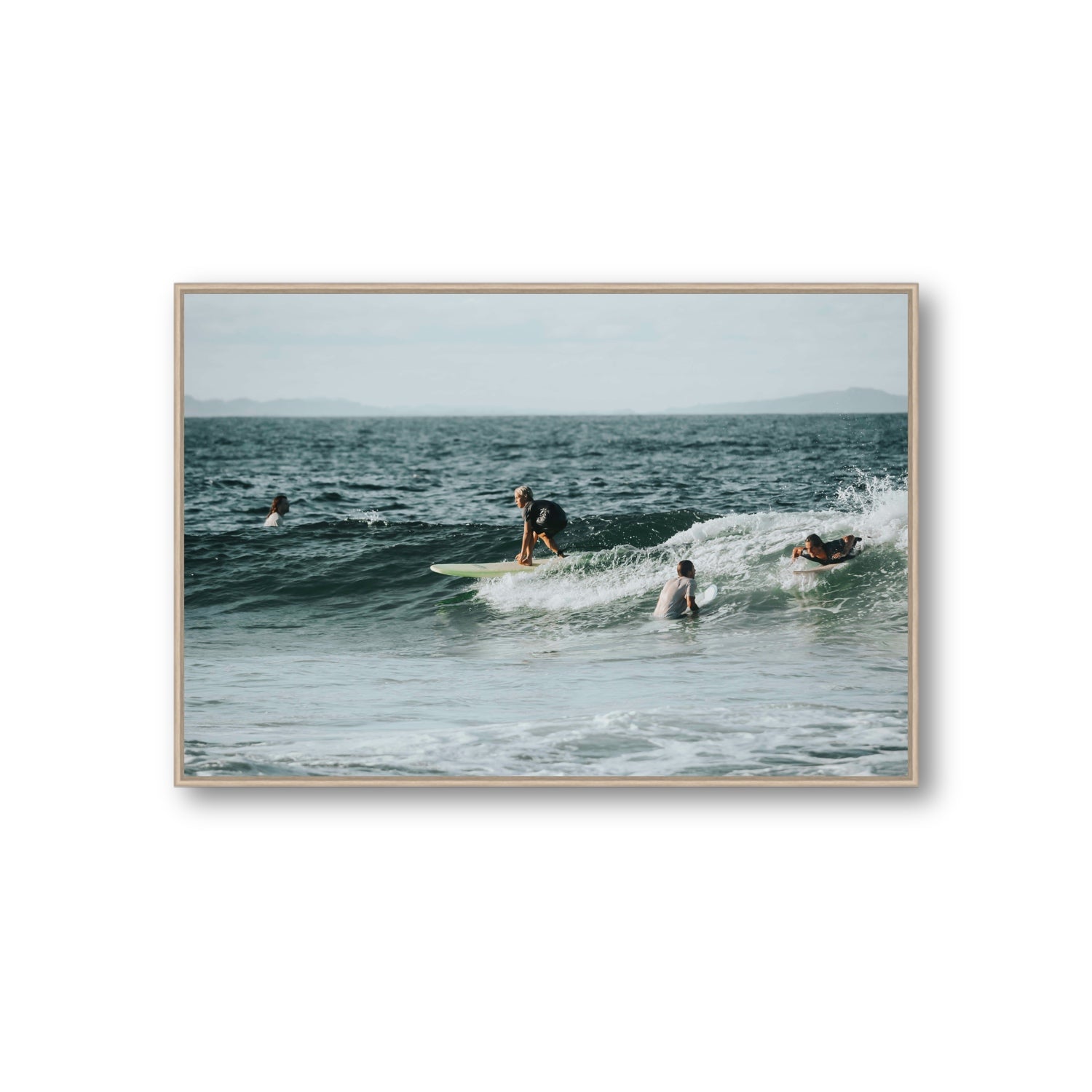 The Boys of Summer Byron Bay Surf coastal wall art Giant fine art canvas in natural oak float frame