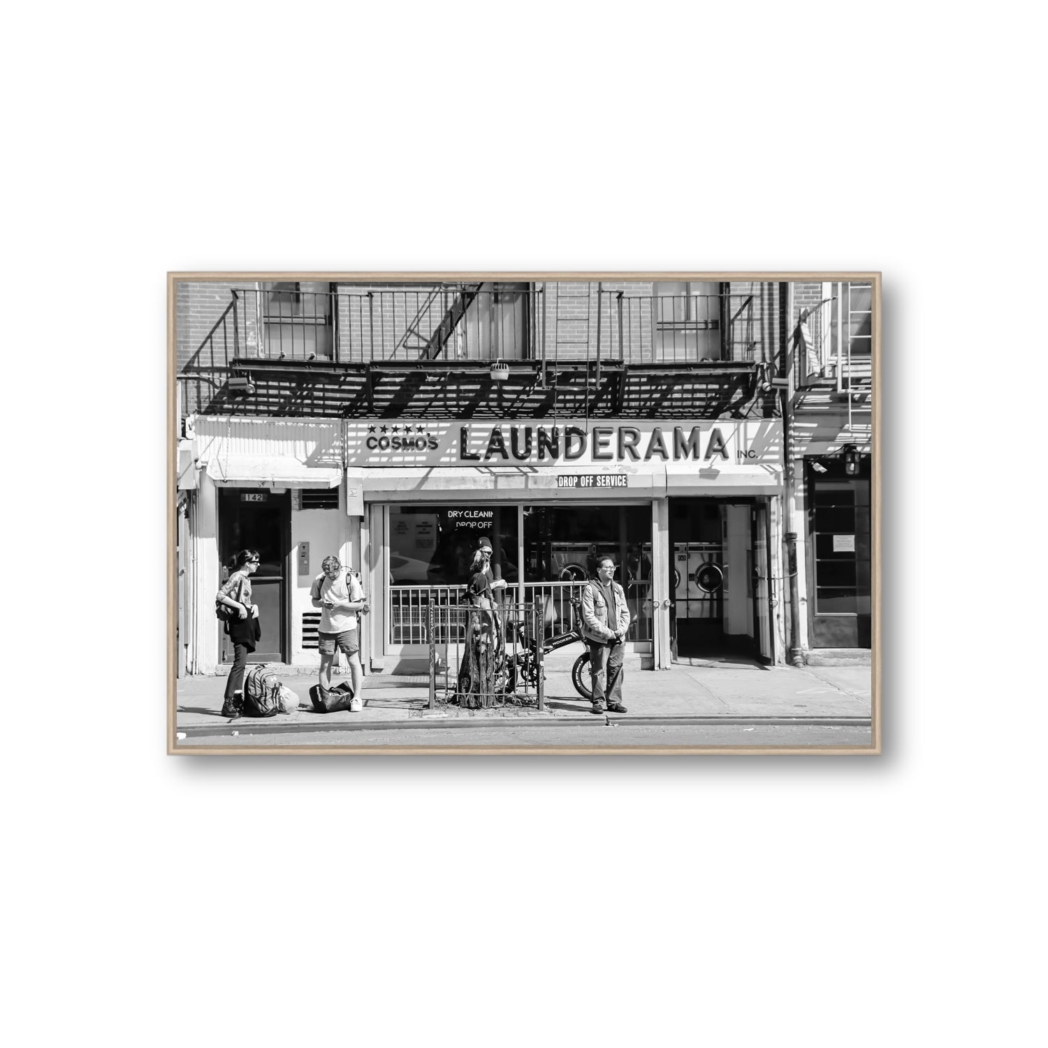 Launderama New York NYC Black & White wall art Giant fine art canvas in natural oak float frame