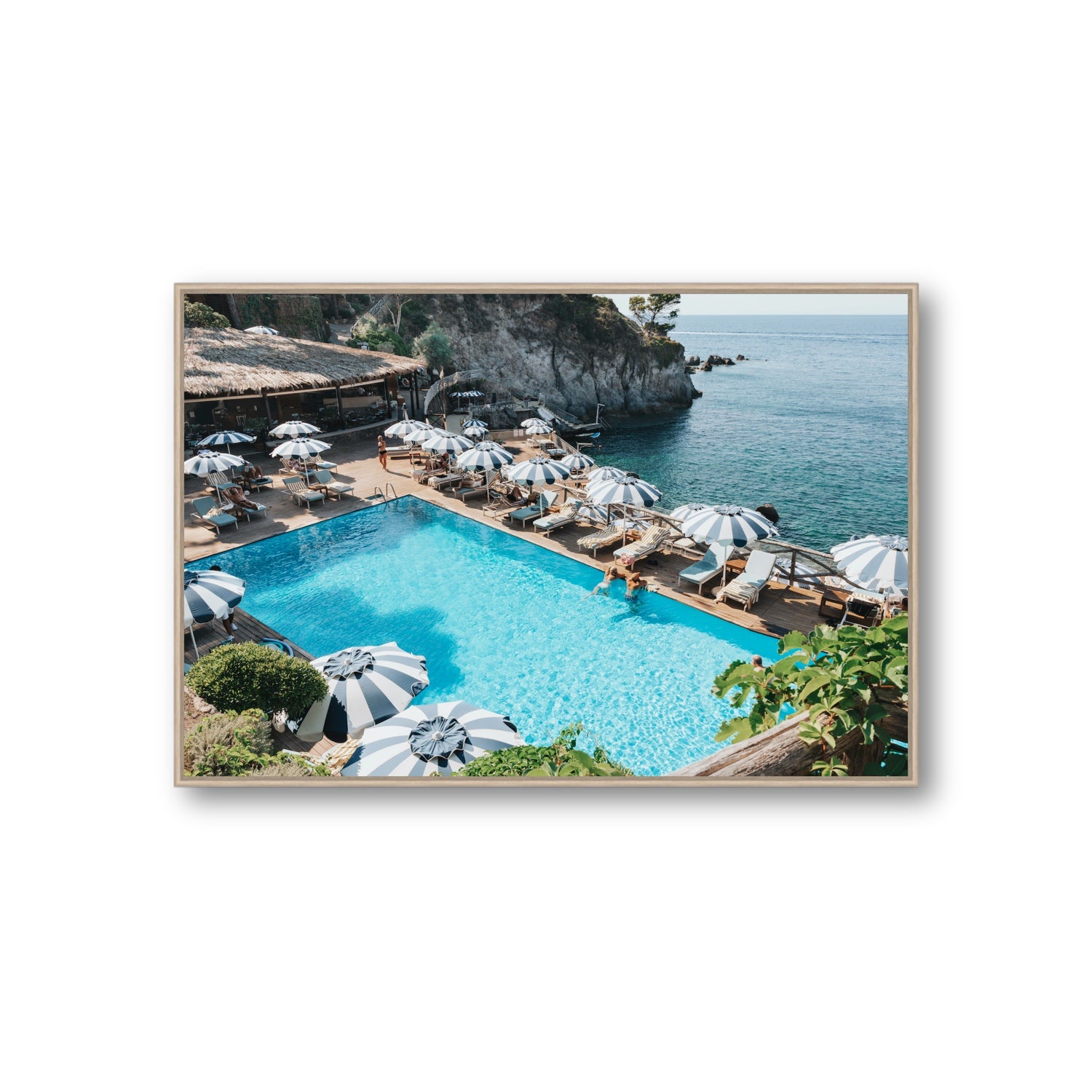 Oceanview Ischia Italian coastal wall art Giant fine art canvas in natural oak float frame