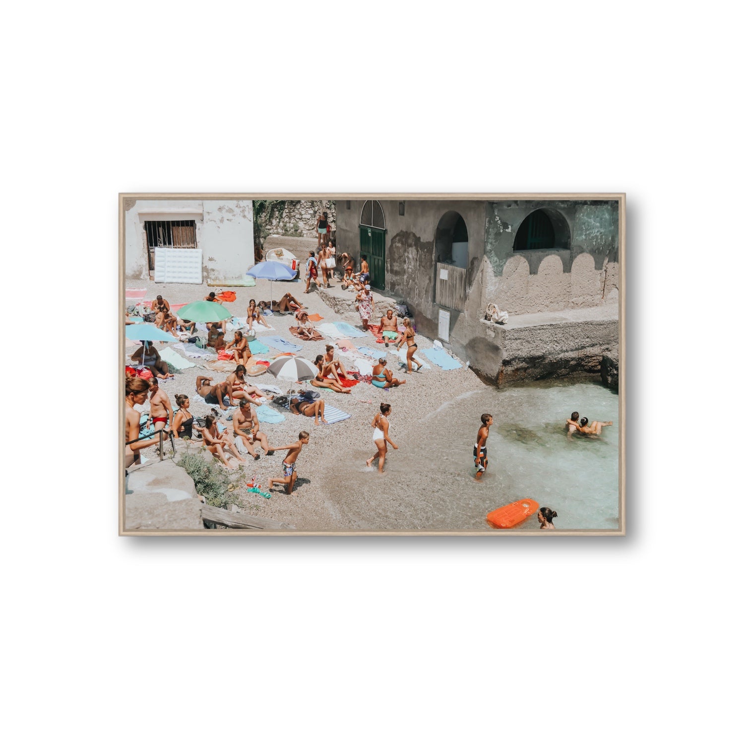 Heatwave Capri beach coastal wall art Giant fine art canvas in natural oak float frame