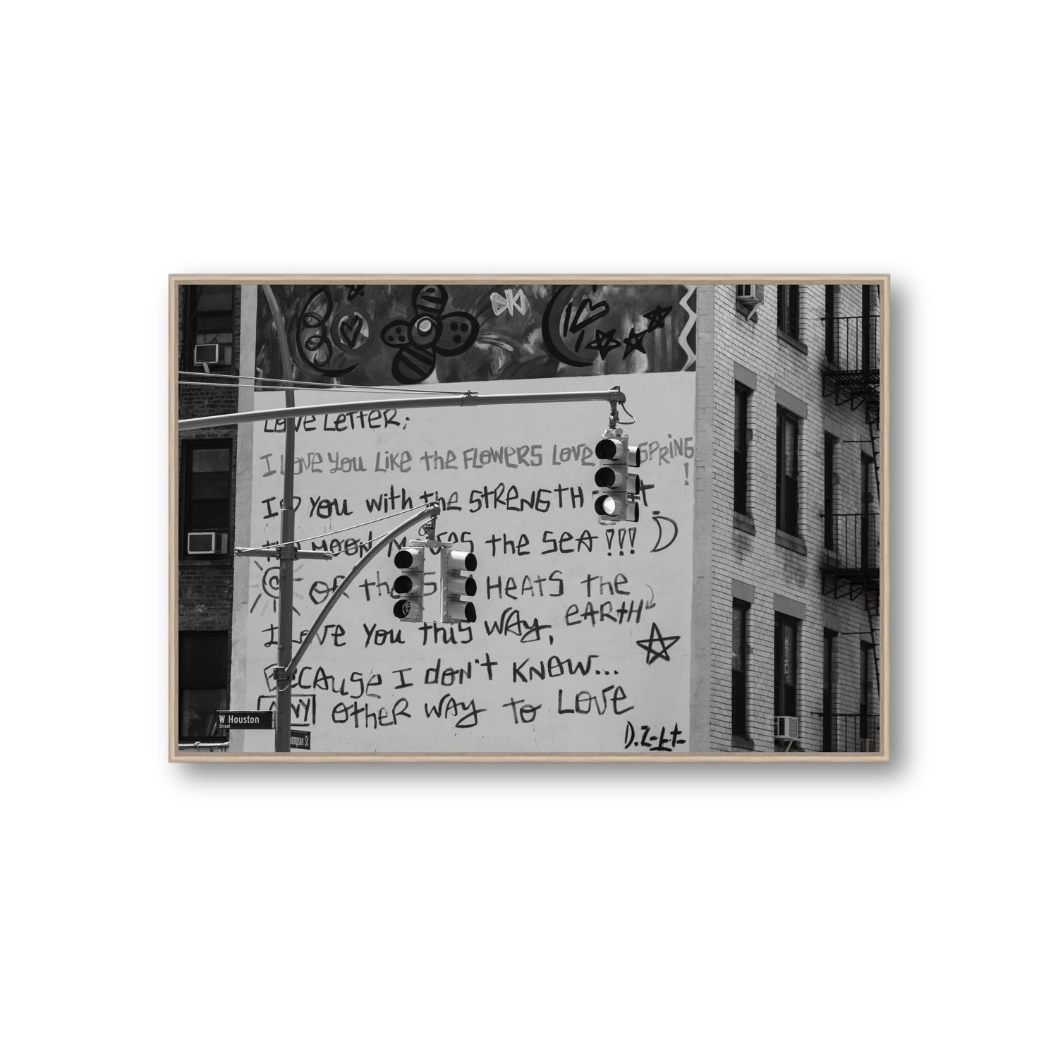 Love Letter New York NYC Black & White wall art Giant fine art canvas in natural oak float frame