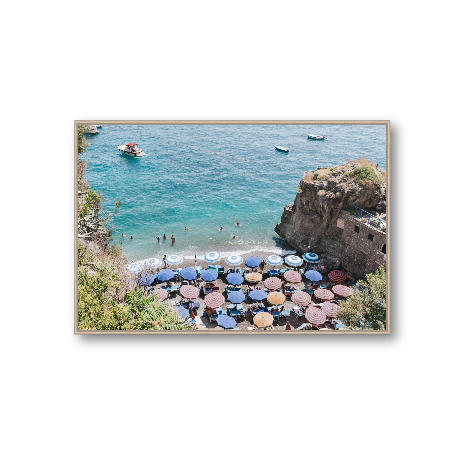 The Cove fine art print, Positano, Italy, Giant, Natural Oak Float Frame, Fine Art Canvas