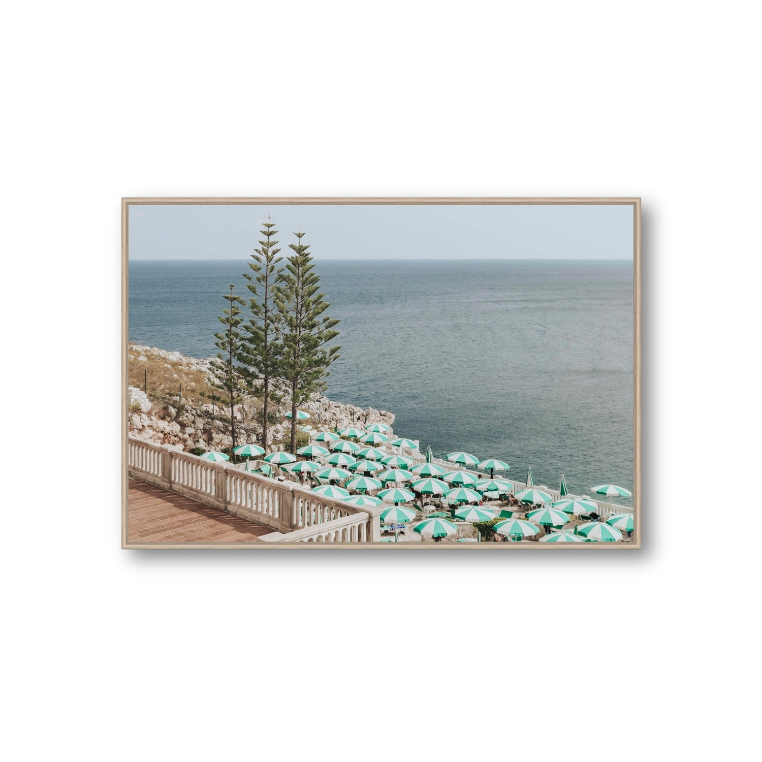 Azure Horizon Puglia beach coastal wall art Giant fine art canvas in natural oak float frame