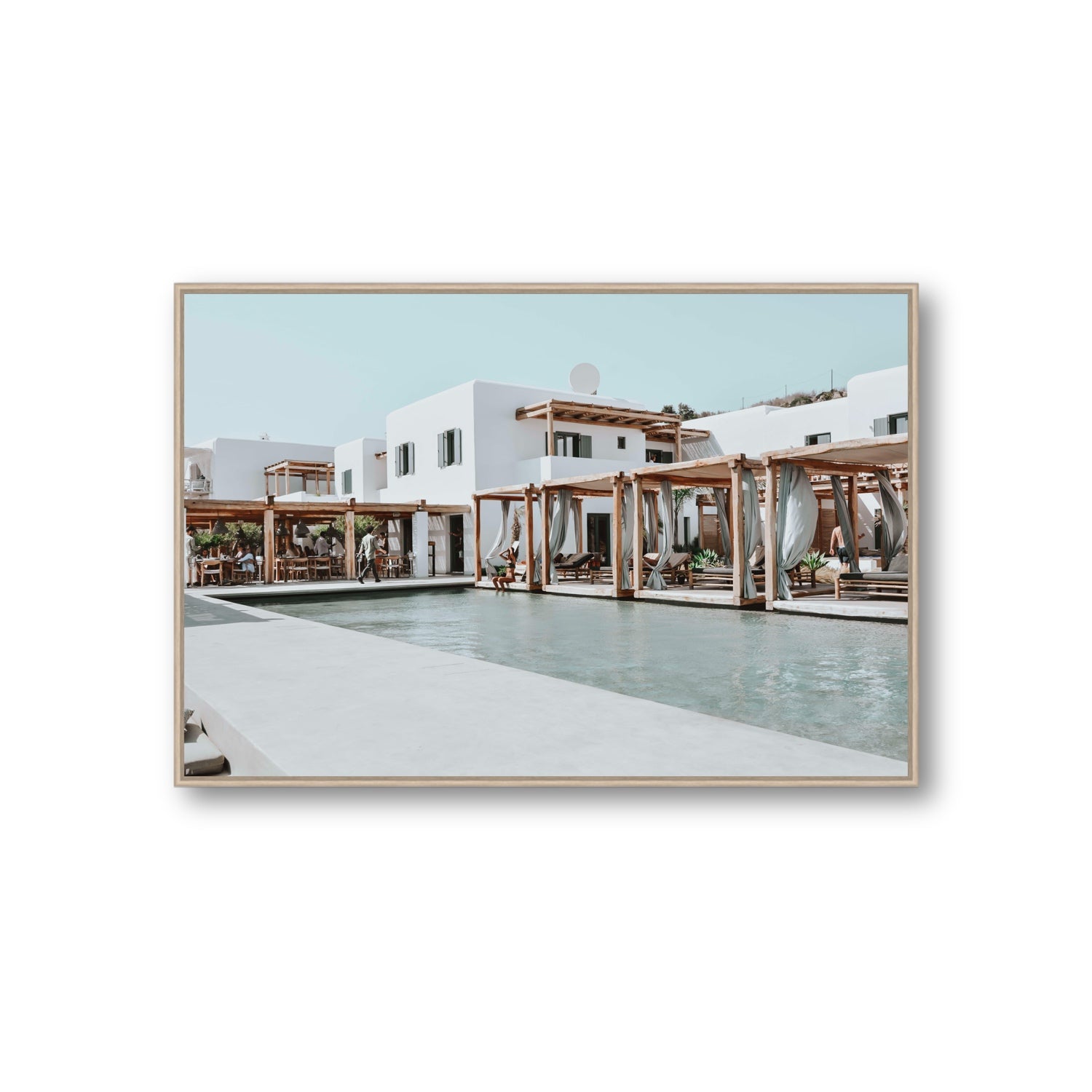 Polytelís Mykonos Greek island wall art Giant fine art canvas in natural oak float frame