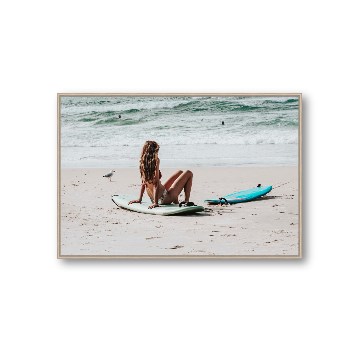 Ciao Bella Byron Bay Surf coastal wall art Giant fine art canvas in natural oak float frame