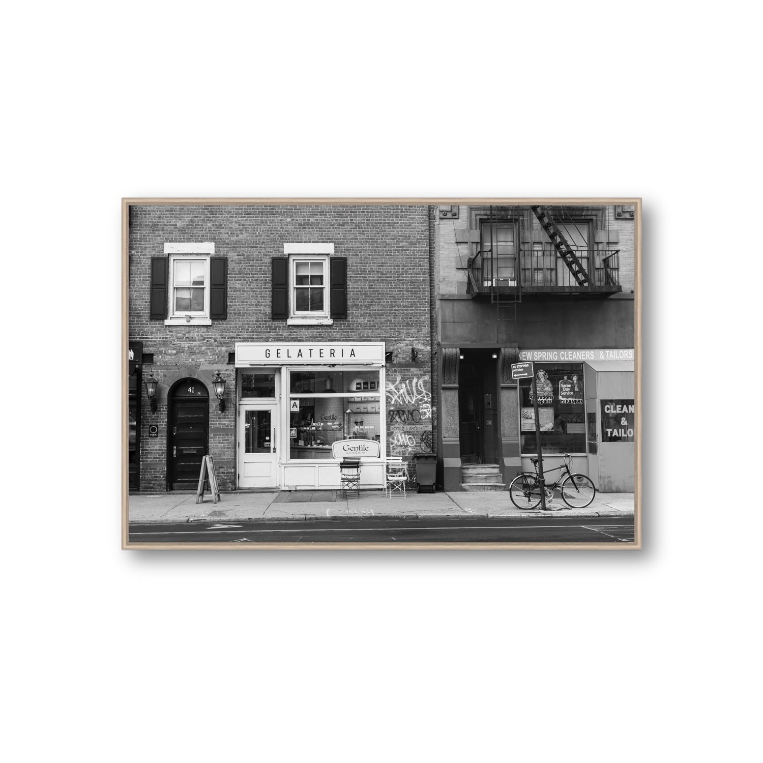 West Village Dolcezza New York NYC Black & White wall art Giant fine art canvas in natural oak float frame