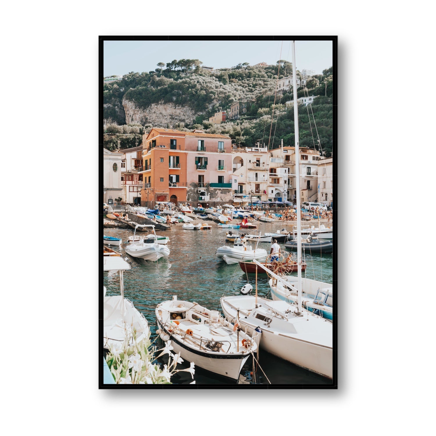 Marina Grande Sorrento coastal Italian wall art Statement fine art canvas in black float frame