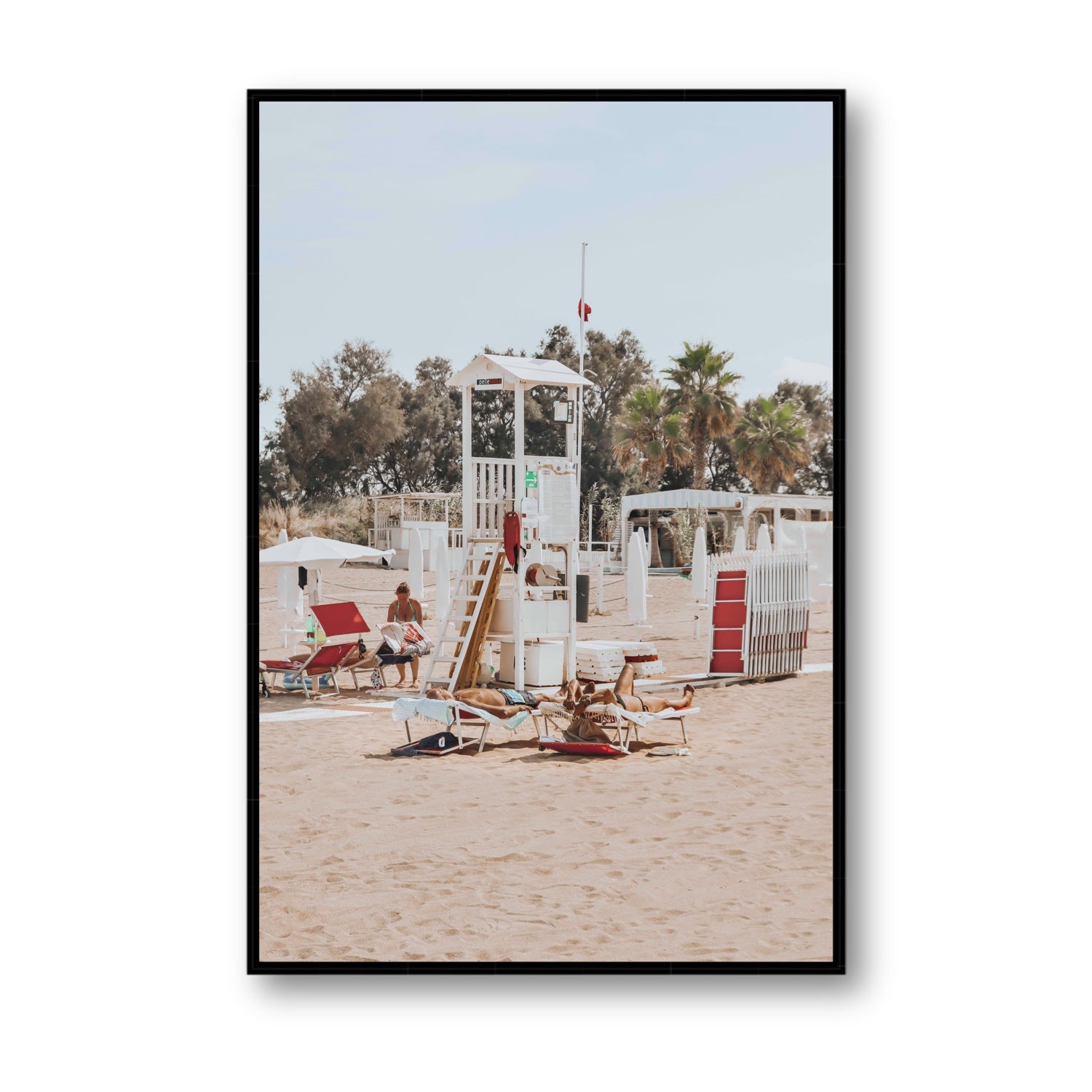 Red Lounge Reverie Puglia beach coastal wall art Statement fine art canvas in black float frame