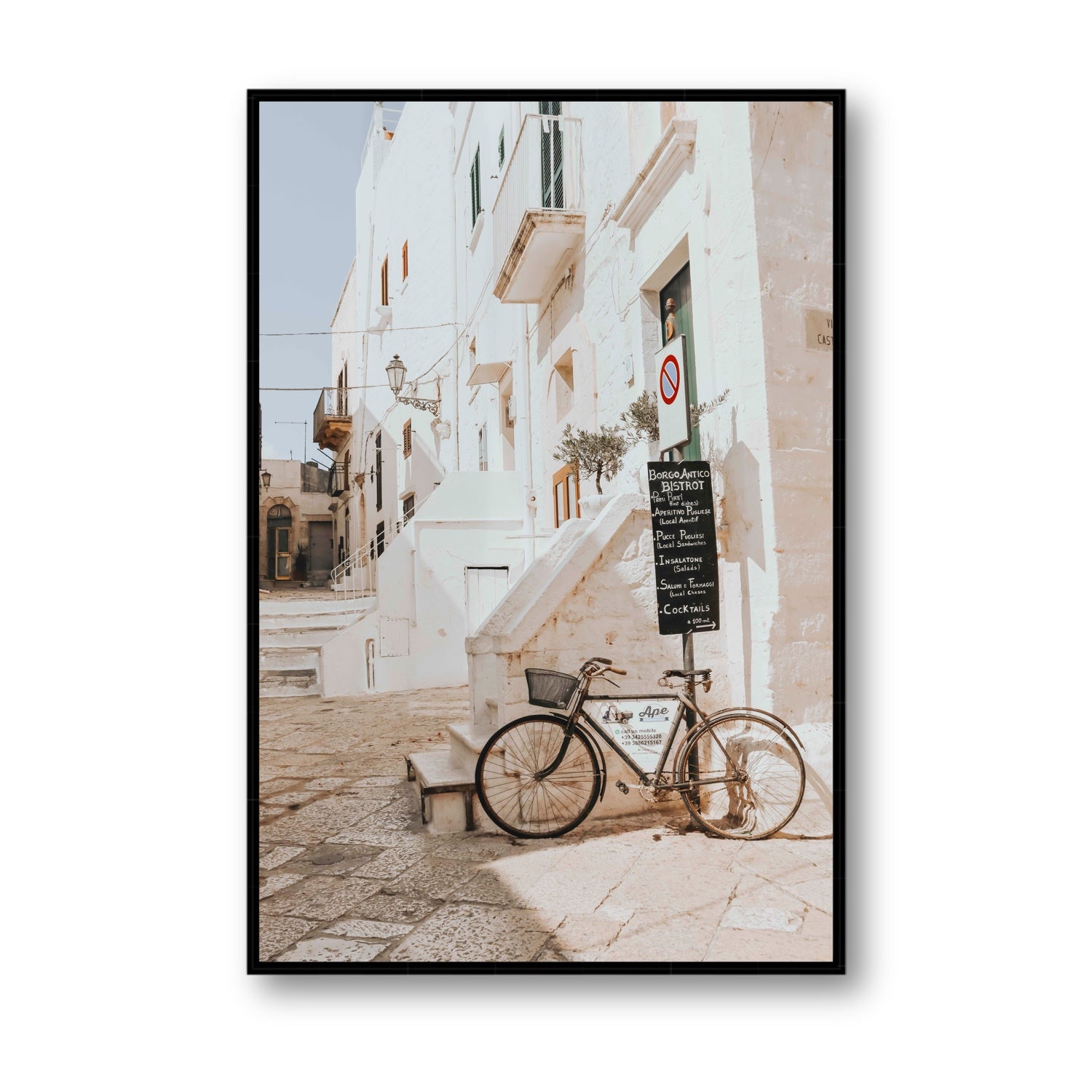 La Bicicletta Puglia Ostuni wall art Statement fine art canvas in black float frame