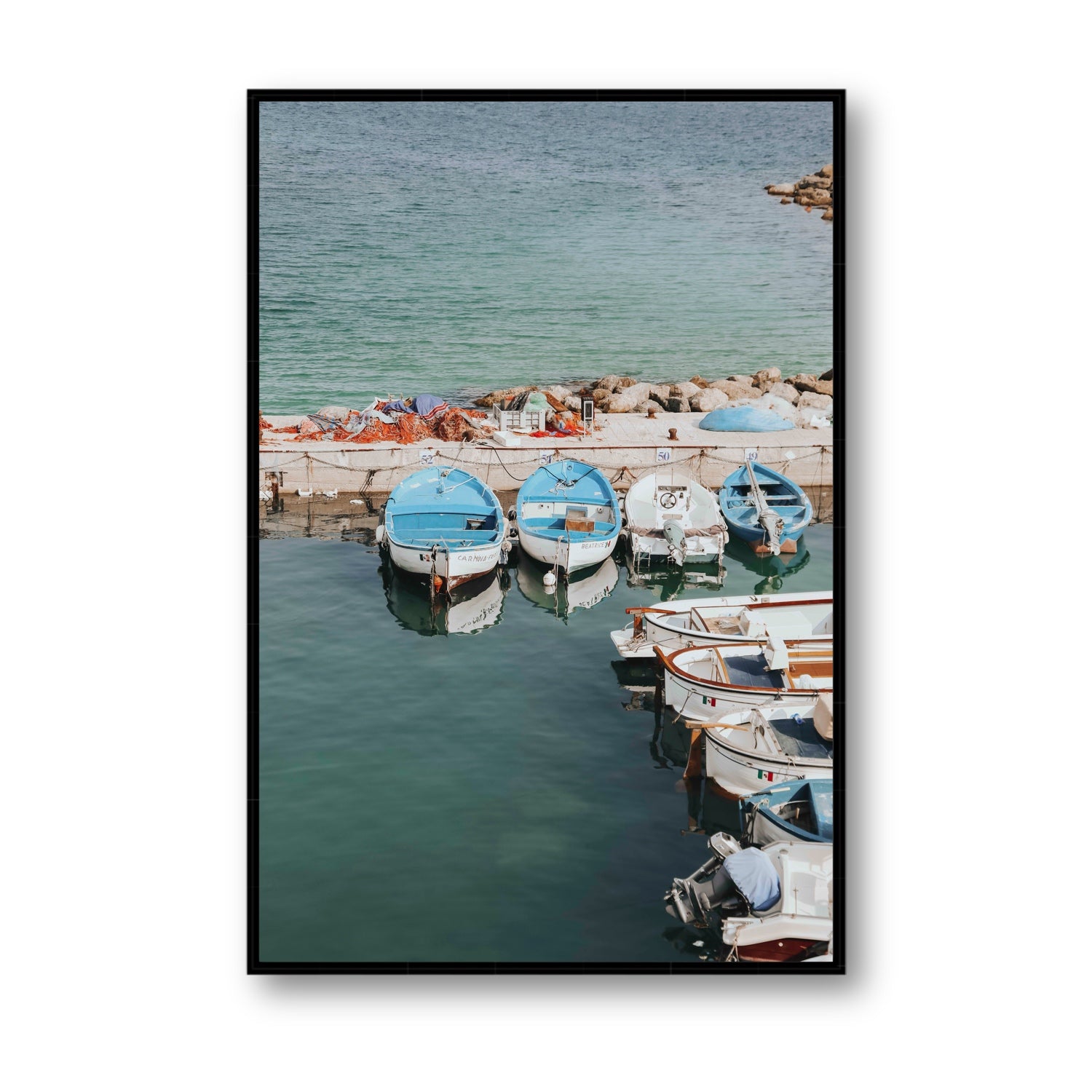 Maritime Memories Puglia Harbour Reflections coastal wall art Statement fine art canvas in black float frame