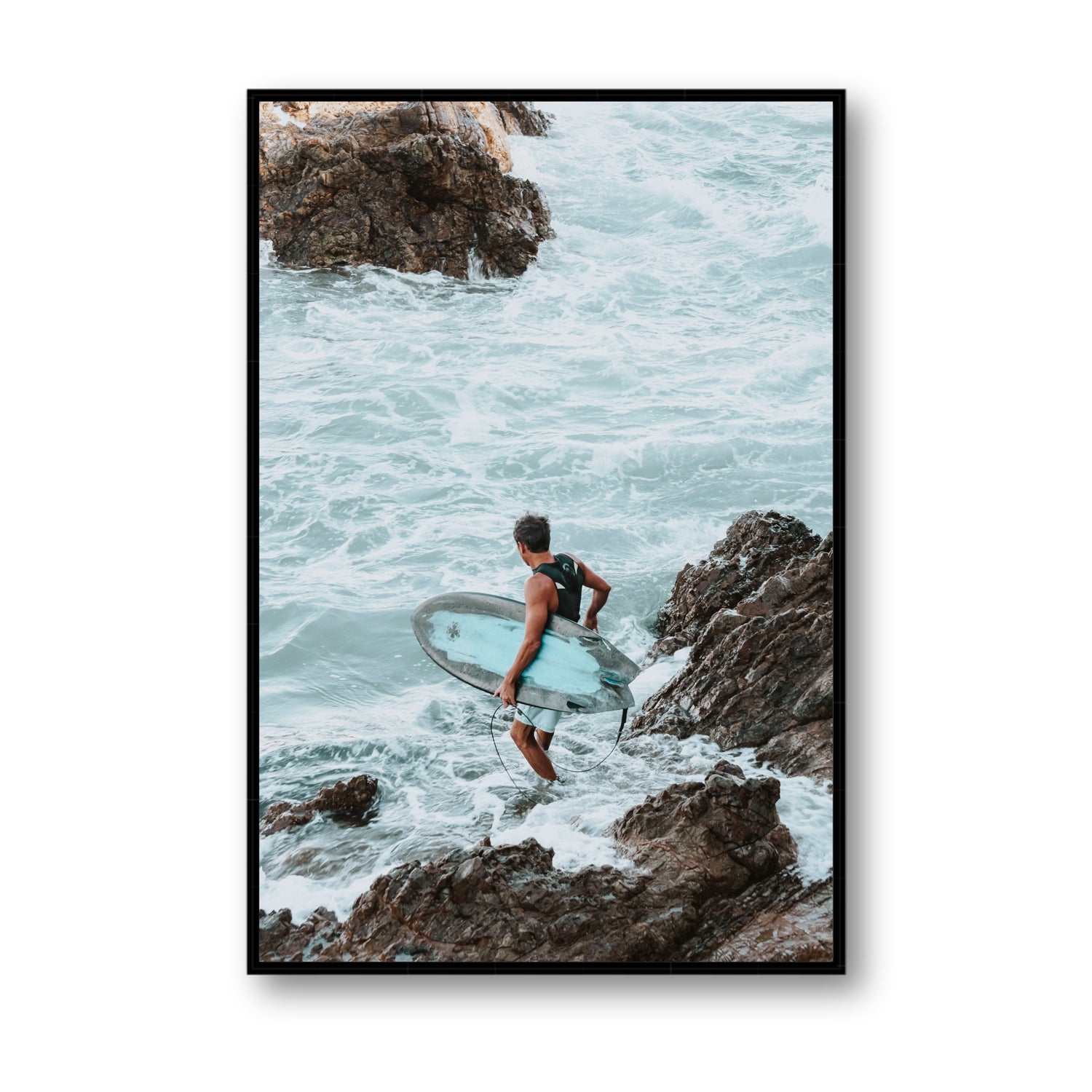 Into The Soup Byron Bay Surf coastal wall art Statement fine art canvas in black float frame