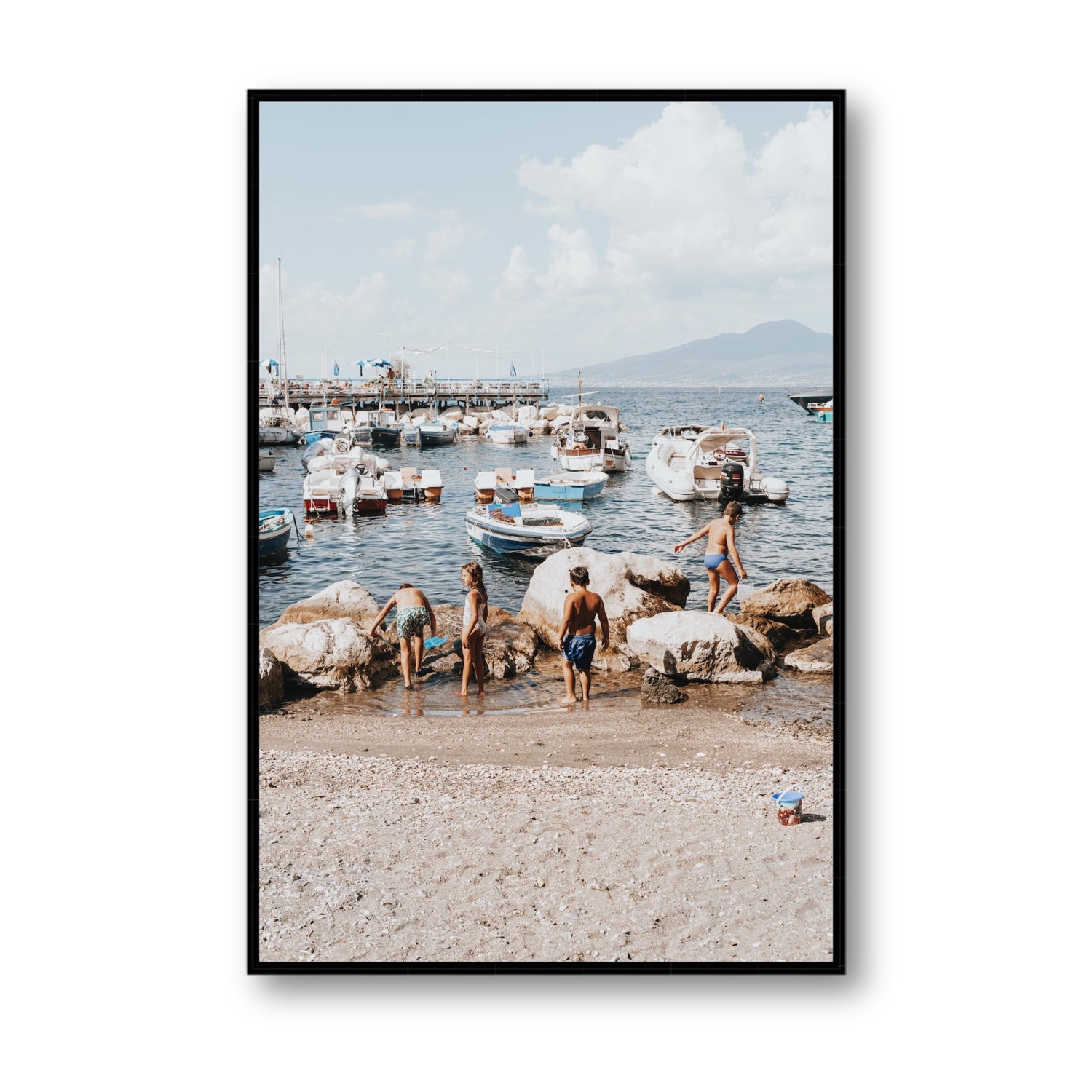 Searching For Treasures Sorrento coastal wall art Statement fine art canvas in black float frame