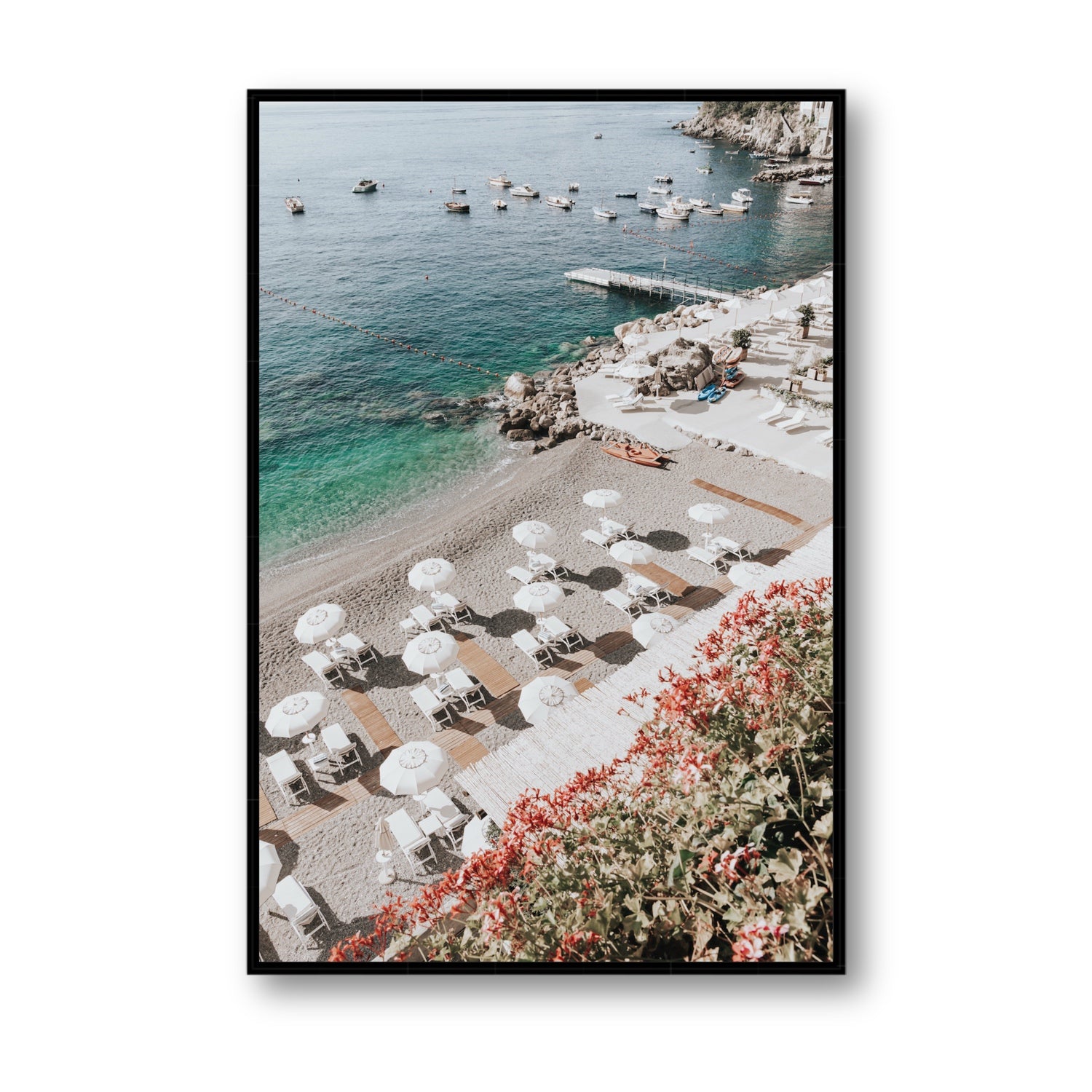Tranquil Oasis Amalfi coastal wall art Statement fine art canvas in black float frame