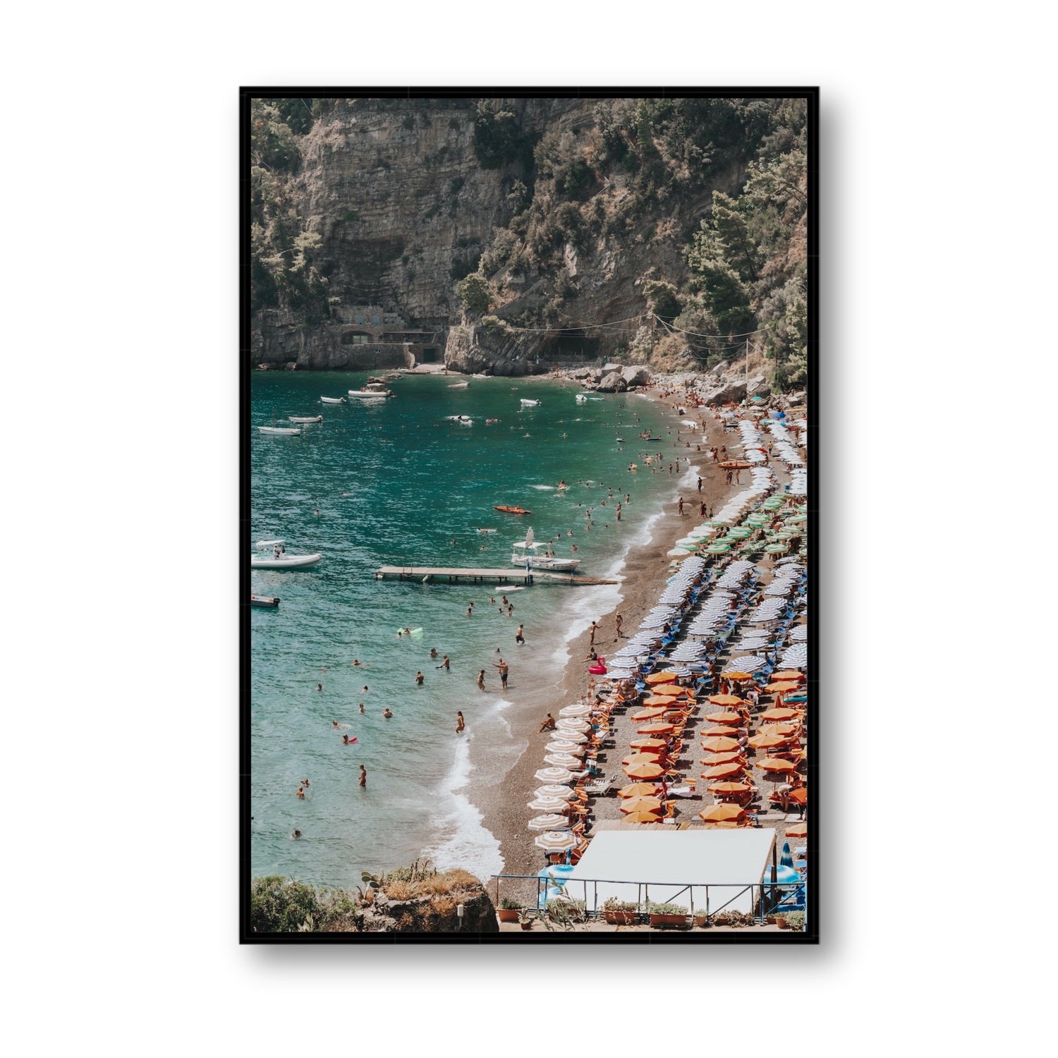 Parasol Panorama fine art print, Positano, Italy, Statement, Black Float Frame, Fine Art Canvas