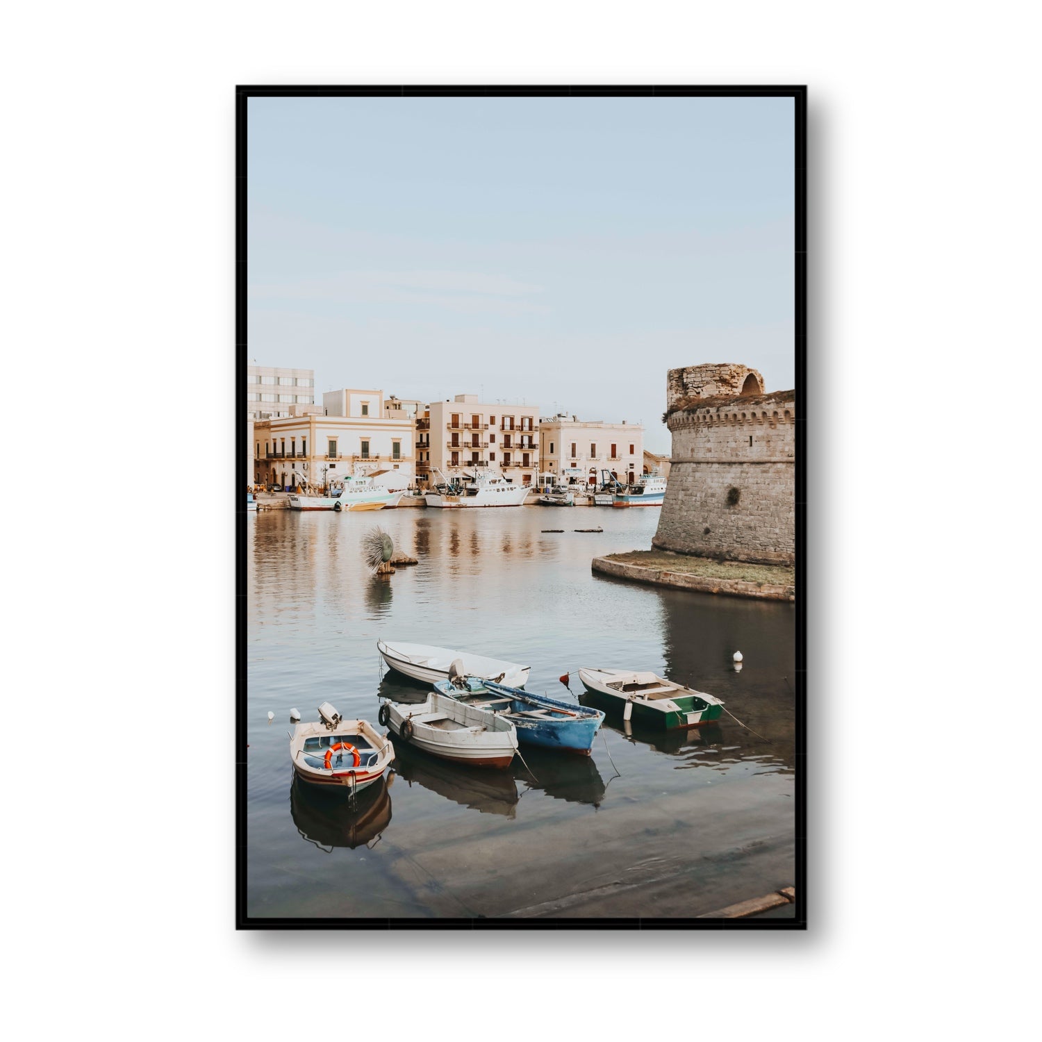 Gallipoli Harbour Puglia coastal wall art Statement fine art canvas in black float frame