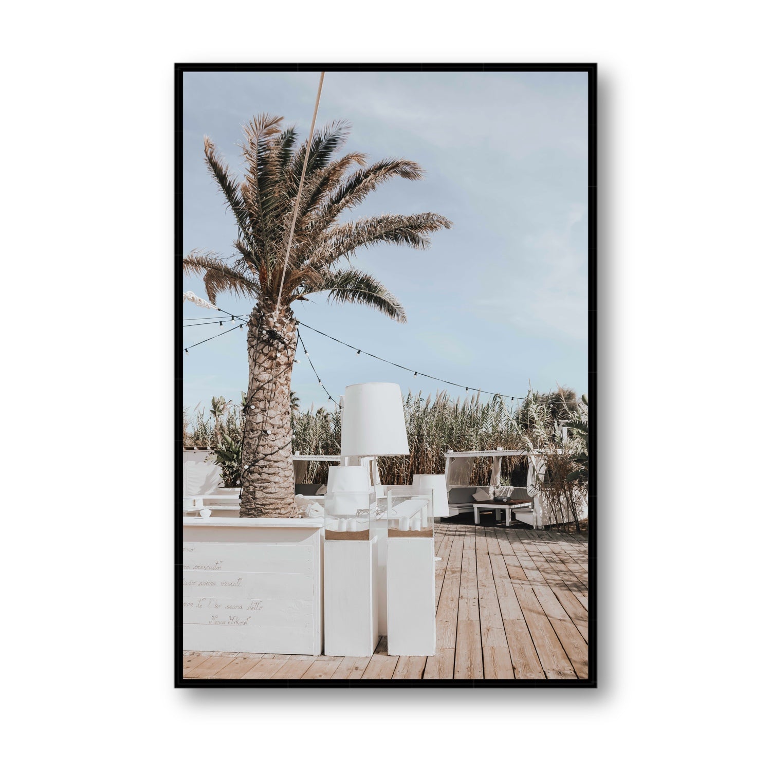 Seabreeze Palm Puglia coastal beach wall art Statement fine art canvas in black float frame