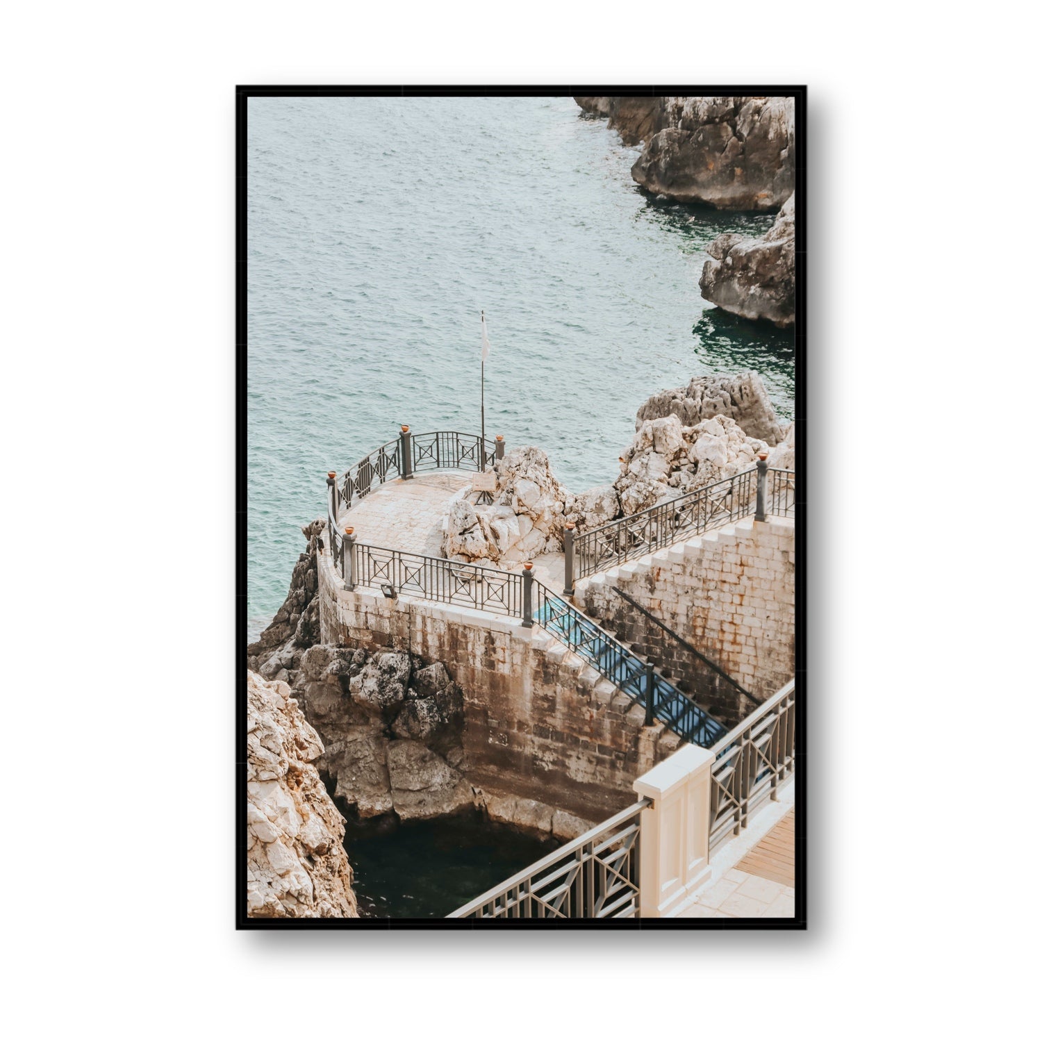 Tidal Staircase Puglia coastal Italian wall art Statement fine art canvas in black float frame
