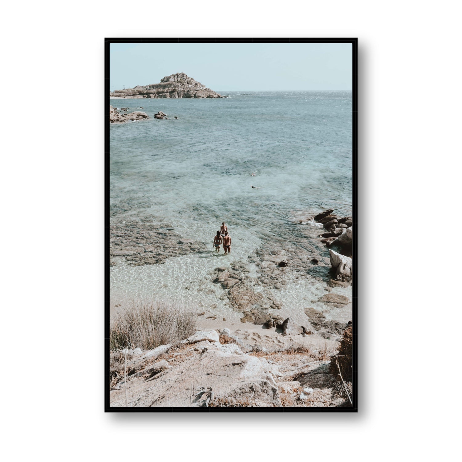 Island Life Mykonos coastal Greek island wall art Statement fine art canvas in black float frame