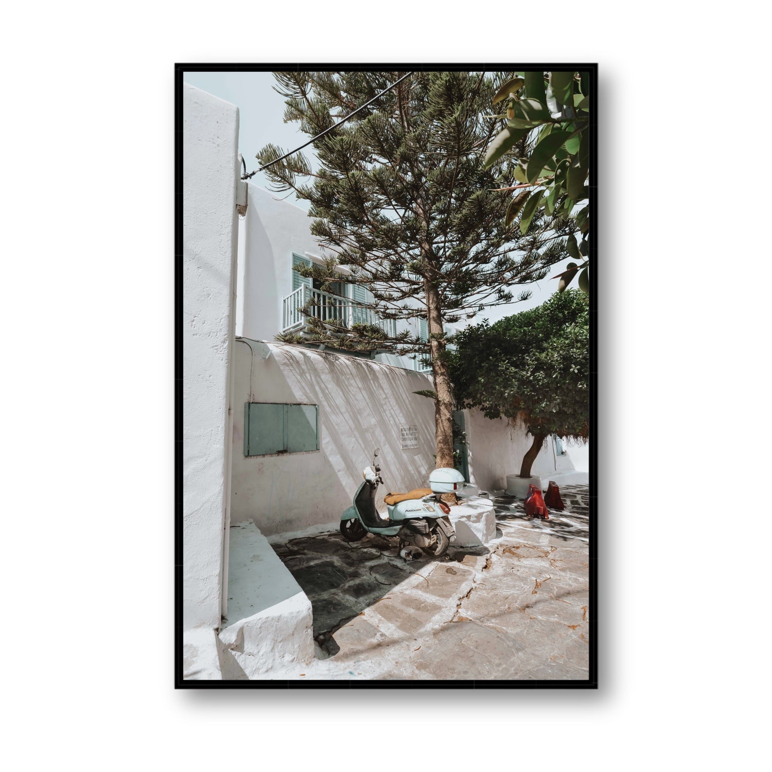 The Getaway Mykonos Mediterranean Greek island art print Statement fine art canvas in black float frame