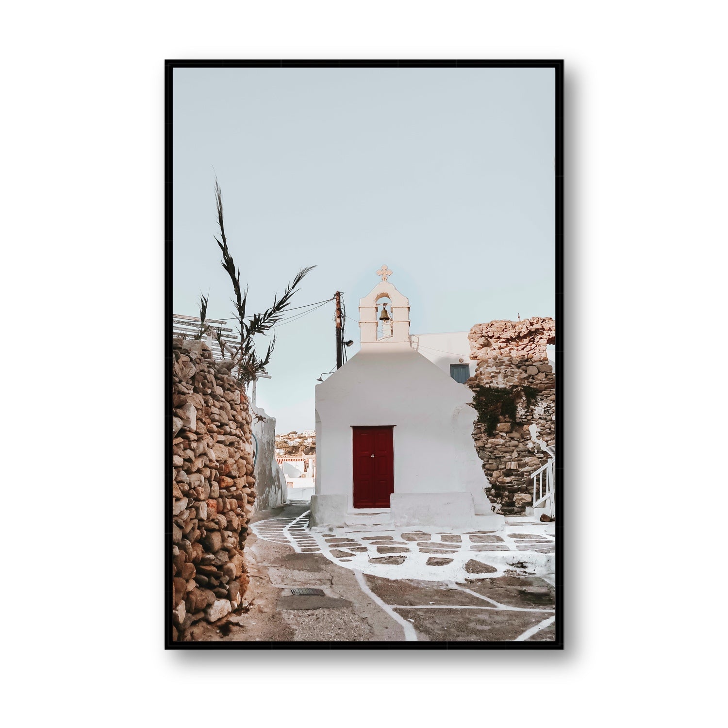 Little Chapel Mykonos Greek island wall art Statement fine art canvas in black float frame