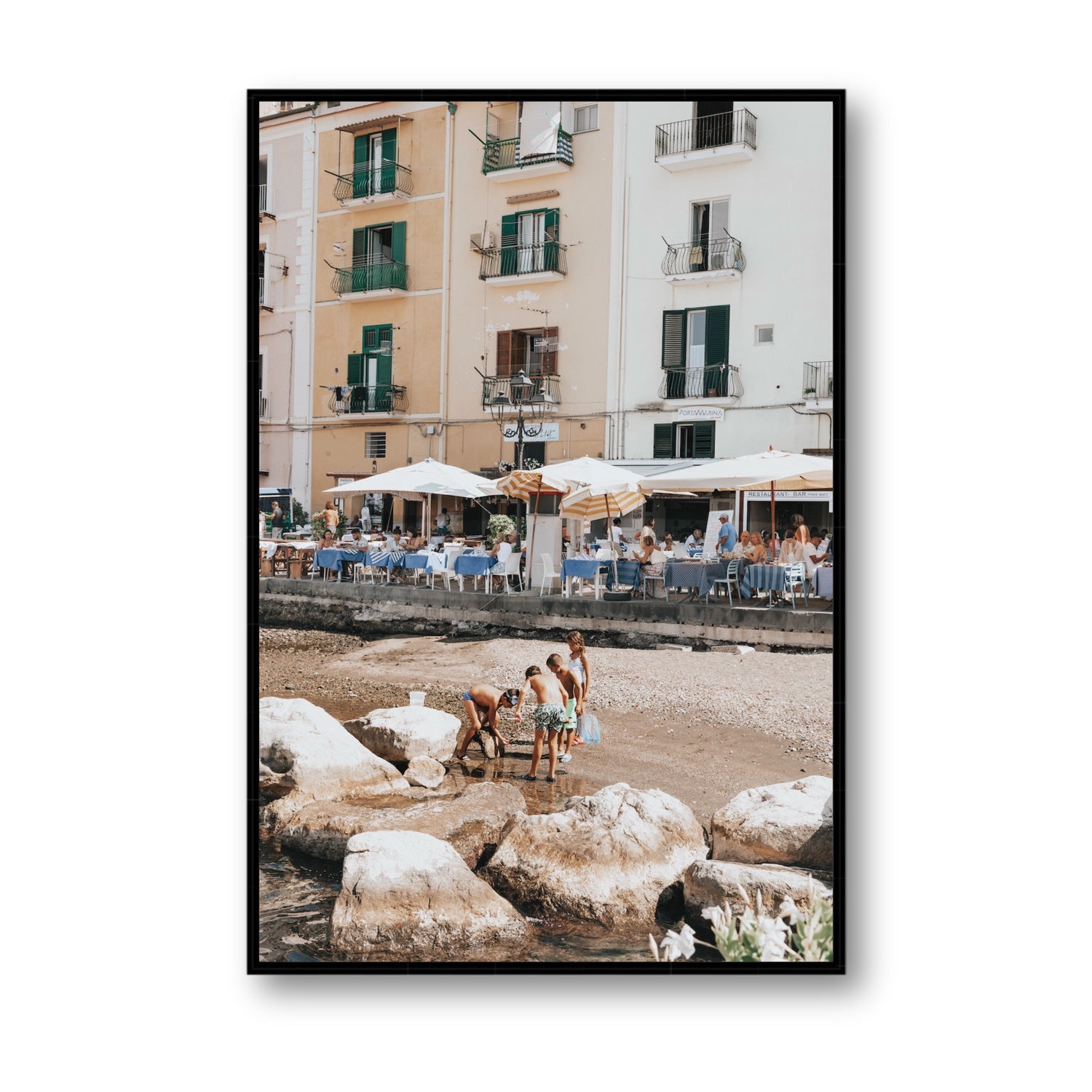 Sunny Playtime Sorrento coastal wall art Statement fine art canvas in black float frame
