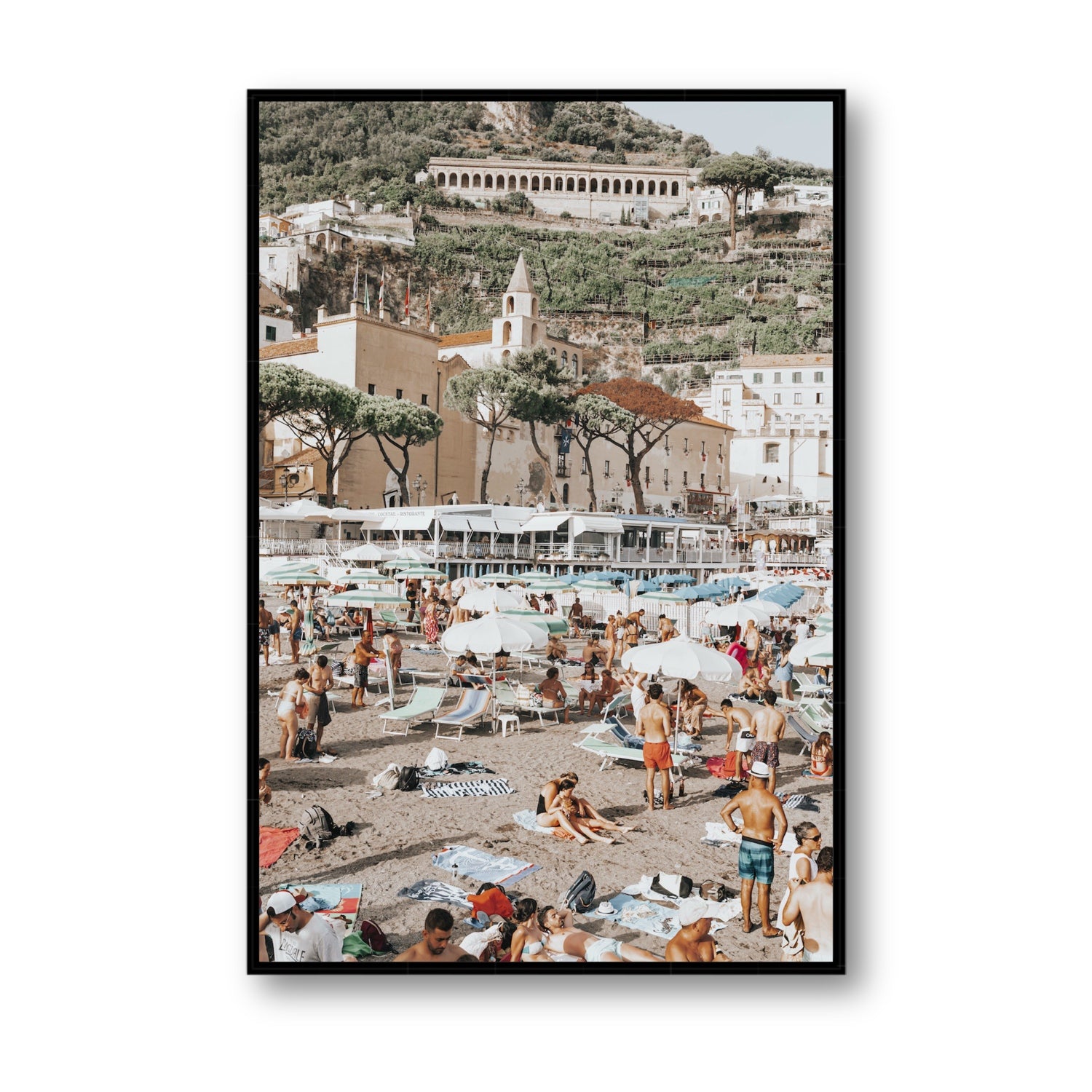 Festa In Spiaggia Amalfi coastal wall art Statement fine art canvas in black float frame