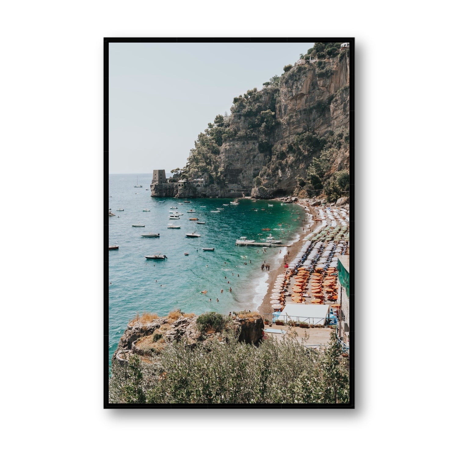 Baia dei Sogni fine art print, Positano, Italy, Statement, Black Float Frame, Fine Art Canvas